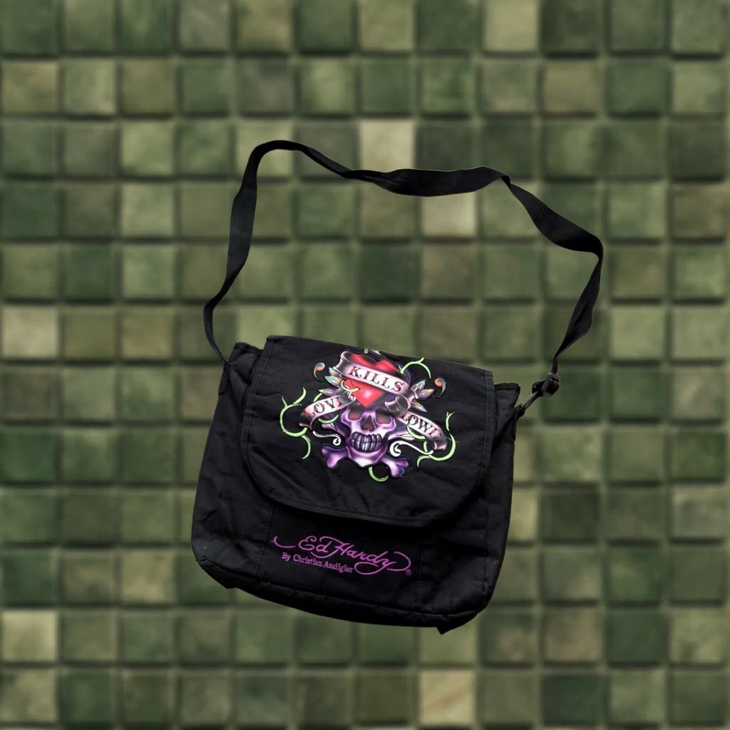 Ed Hardy VINTAGE Ed Hardy By Christian Audigier Crossbody Bag Shoulder Sling Bag Mens Black 14in 12in Medium 90s Army Retro Streetwear Japanese Brand Size ONE SIZE - 1 Thumbnail