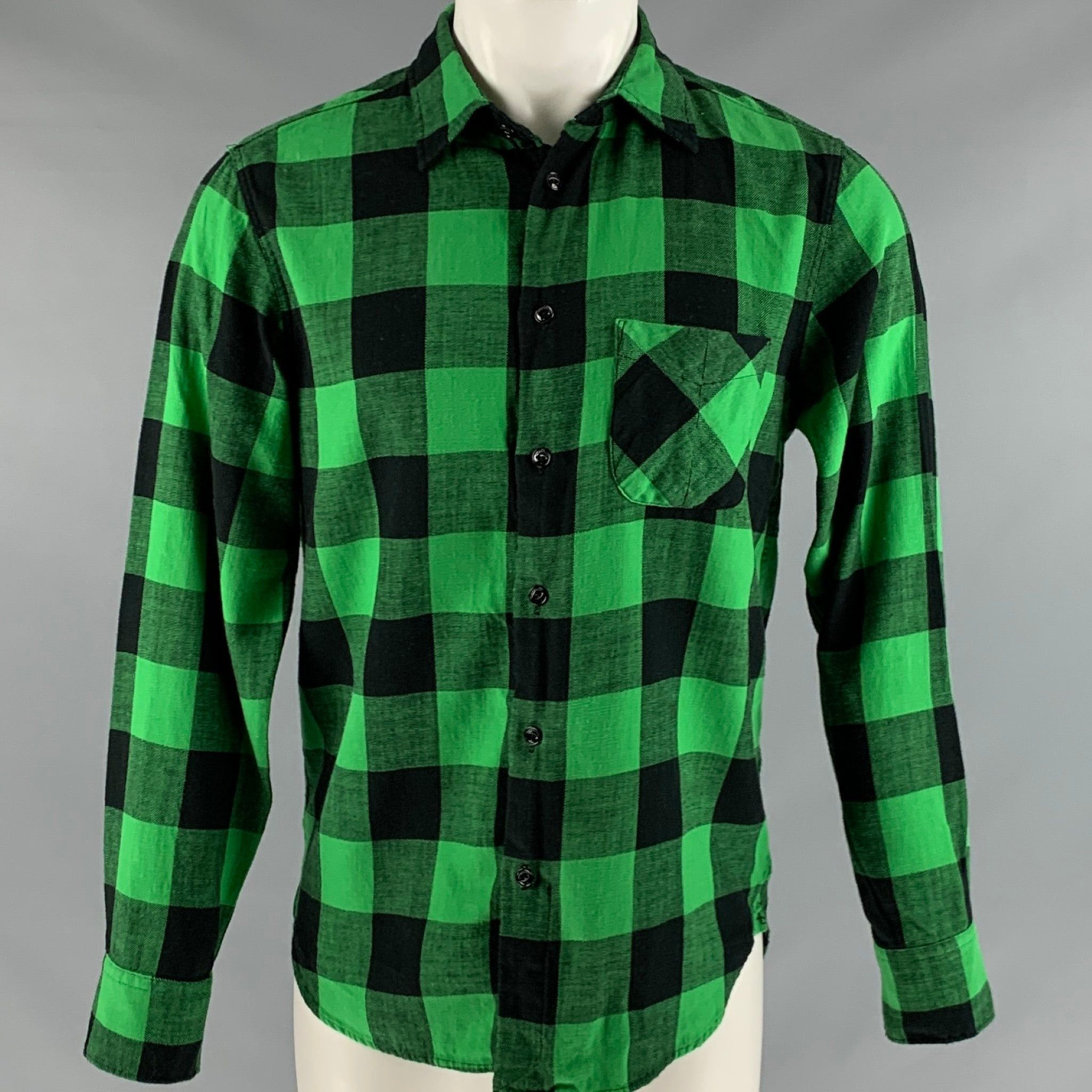 image of Rag Bone Green Black Checkered Cotton One Pocket Long Sleeve Shirt, Men's (Size Small)