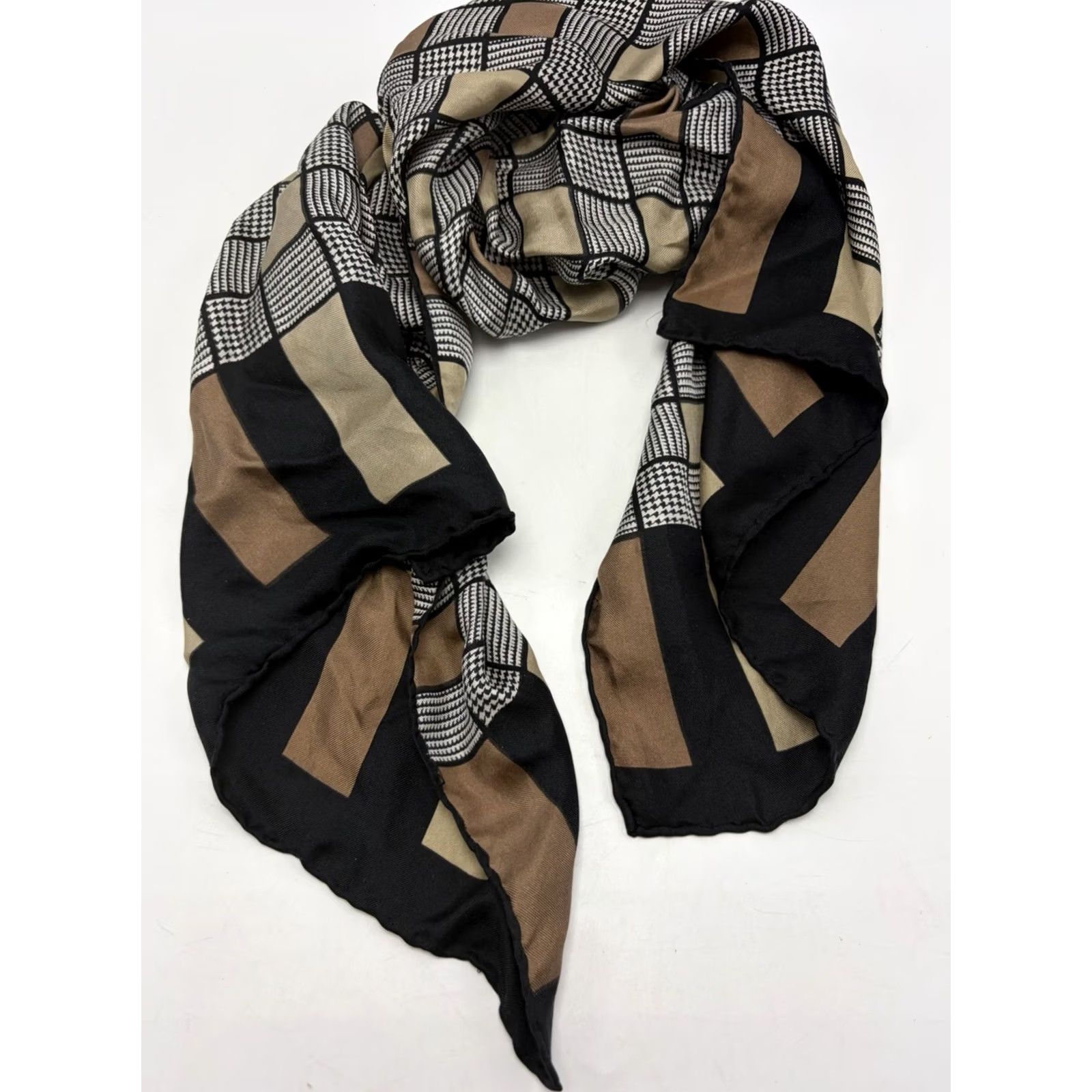 Vintage VINTAGE ECHO Silk Scarf Rectangle Scarf Women Black Brown Check Art Deco Multifunctional 44" x 14" Size ONE SIZE - 3 Thumbnail