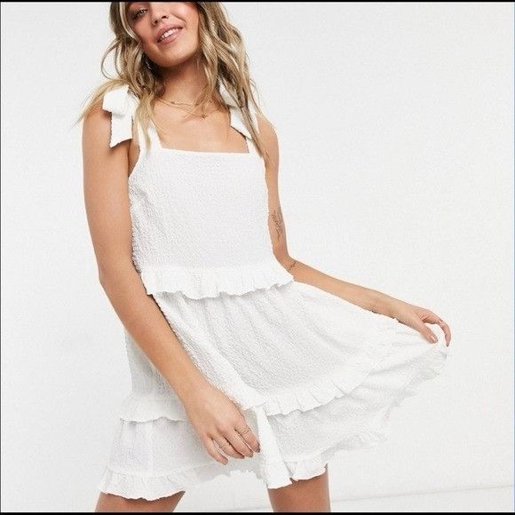 Asos New ASOS Design White Tie Shoulder Ruffle Mini Dress Sz 6 Size M / US 6-8 / IT 42-44 - 1 Thumbnail