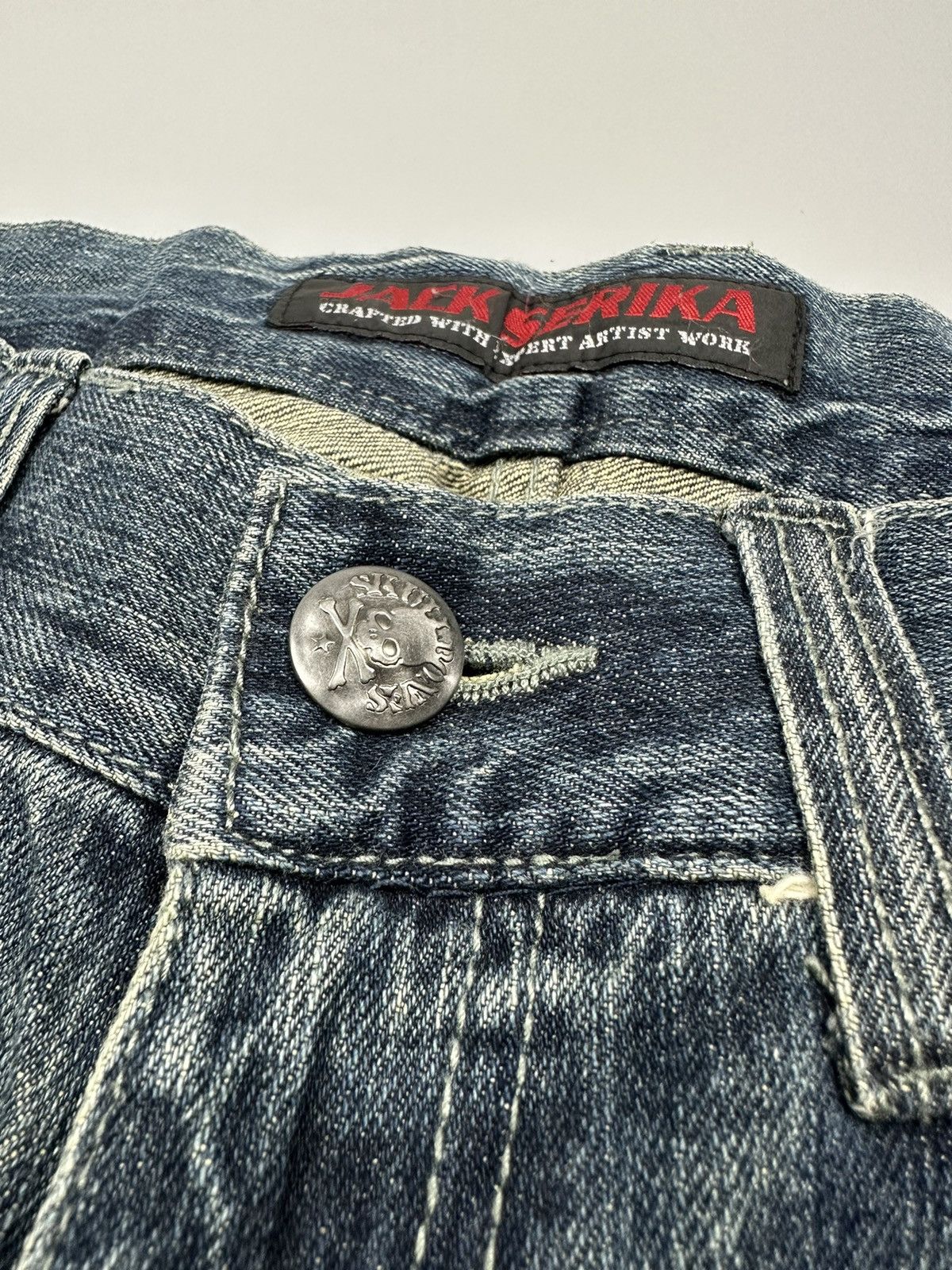 If Six Was Nine Distressed Flared Denim Jack Serika Britain Skull Bones Size US 34 / EU 50 - 10 Thumbnail