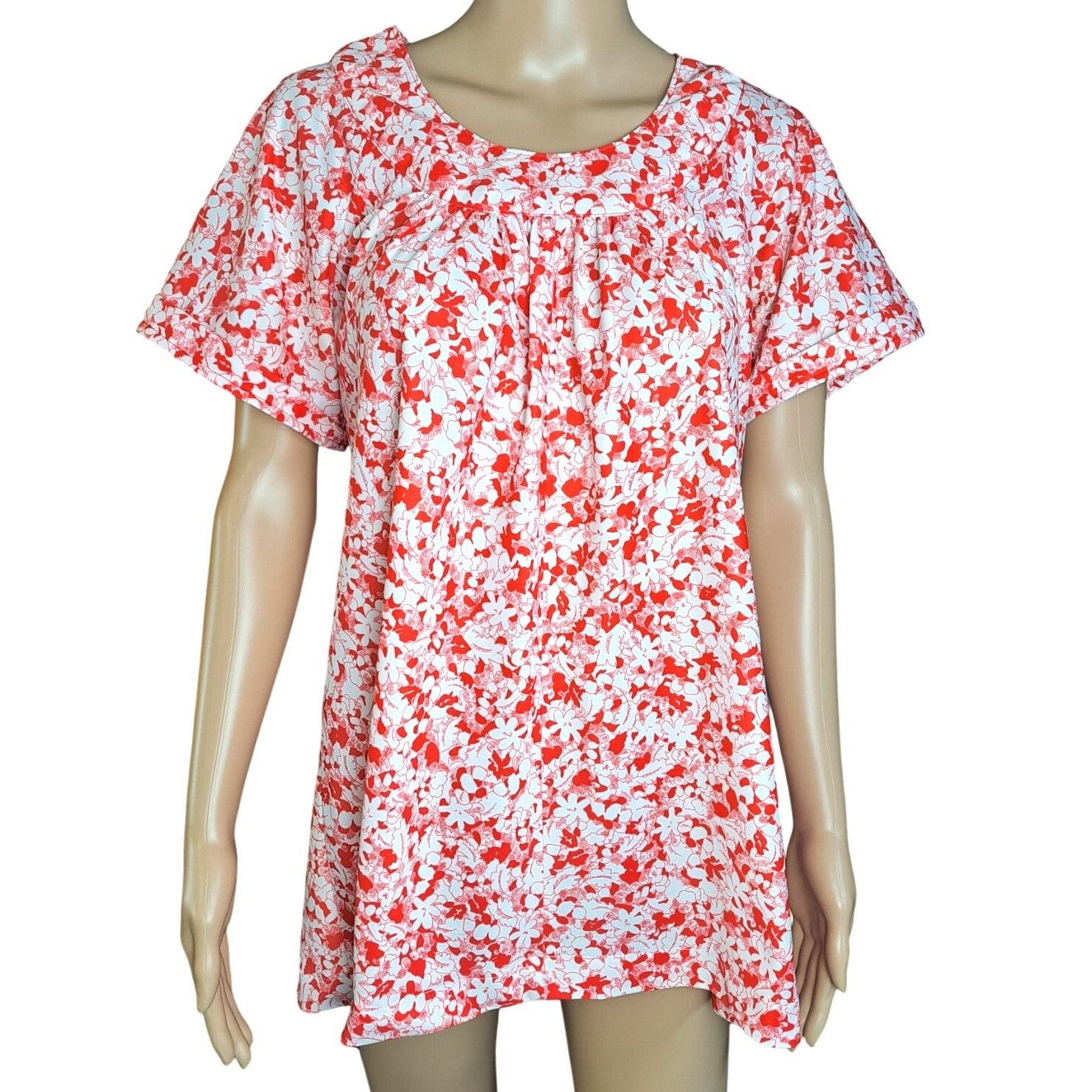Handmade Vintage Red White Floral Short Sleeve Women Top Handmade 70s Size L / US 10 / IT 46 - 1 Thumbnail