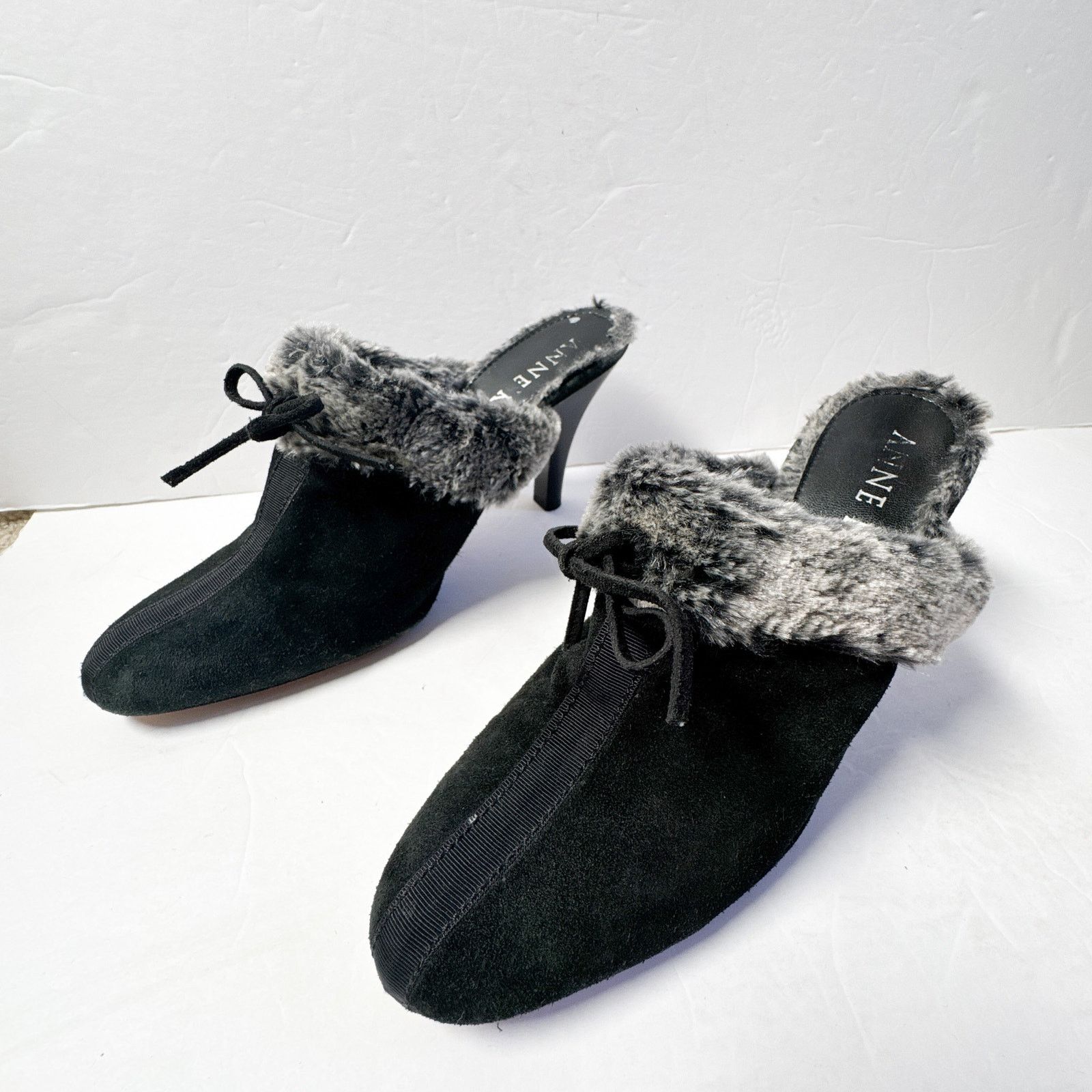 Anne Klein Vintage Anne Klein NY Black Suede Faux Fur Mule Heels Italy Size US 9.5 / IT 39.5 - 2 Thumbnail