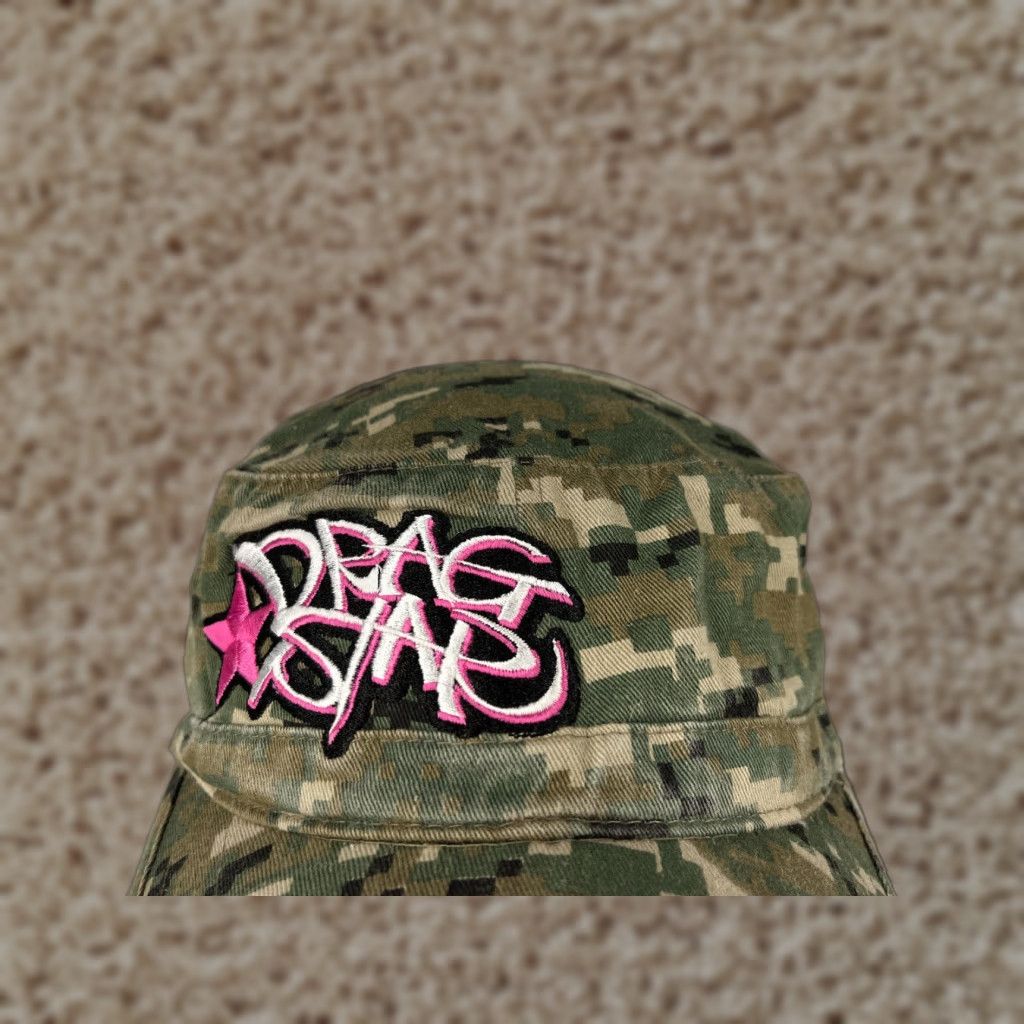 Vintage Drag Star Army Hat Cap Strap Back Adult One Size Green Embroidered Camo Cotton Size ONE SIZE - 1 Thumbnail