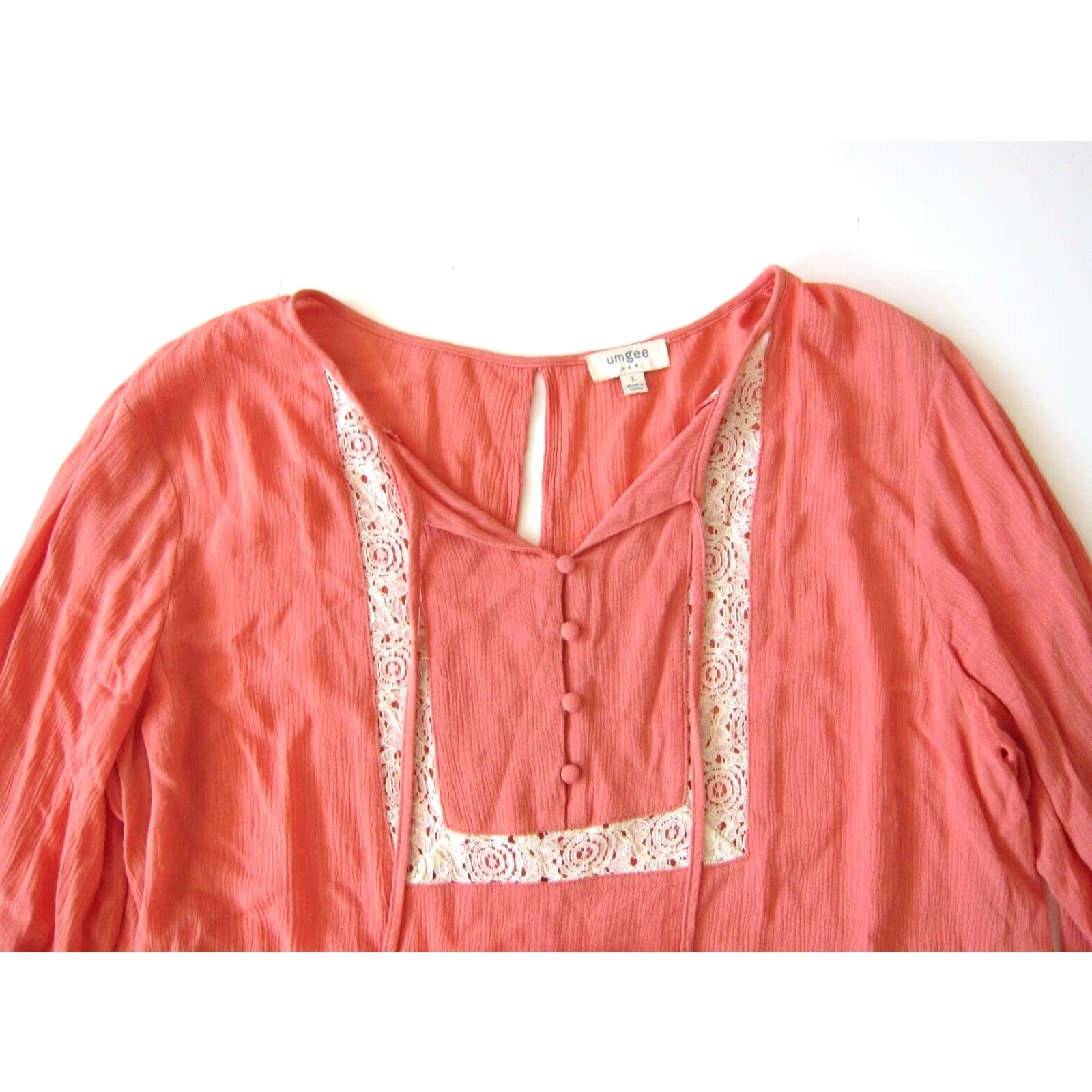 Vintage UMGEE Blouse Shirt Women Long Sleeve Tunic L Orange Ivory Lace Crochet Peasant V-Neck 100% Rayon Size L / US 10 / IT 46 - 3 Thumbnail