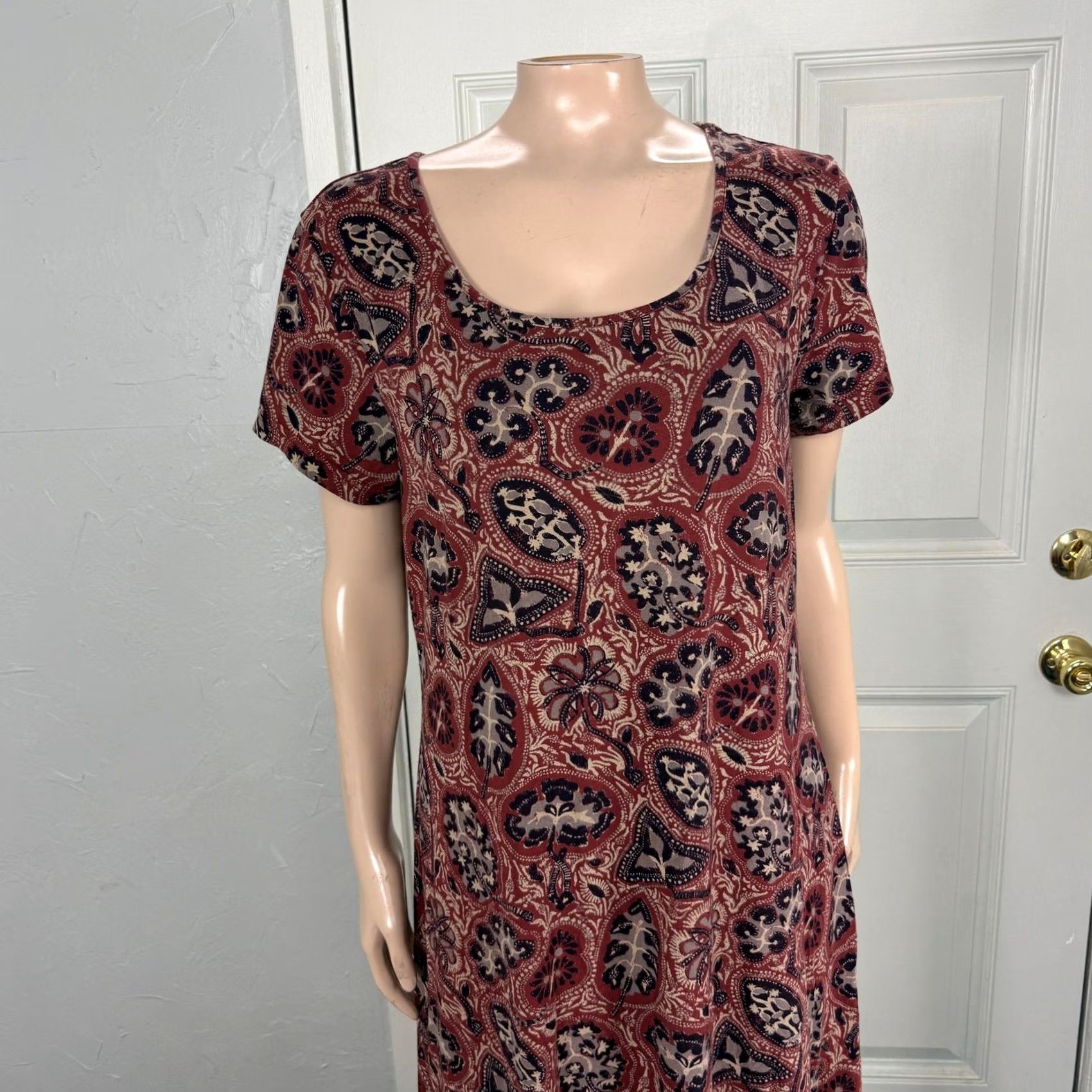 Vintage Peruvian Connection Dress Women L Pima Cotton Floral S/S Stretch Round Neck Midi Size L / US 10 / IT 46 - 2 Thumbnail