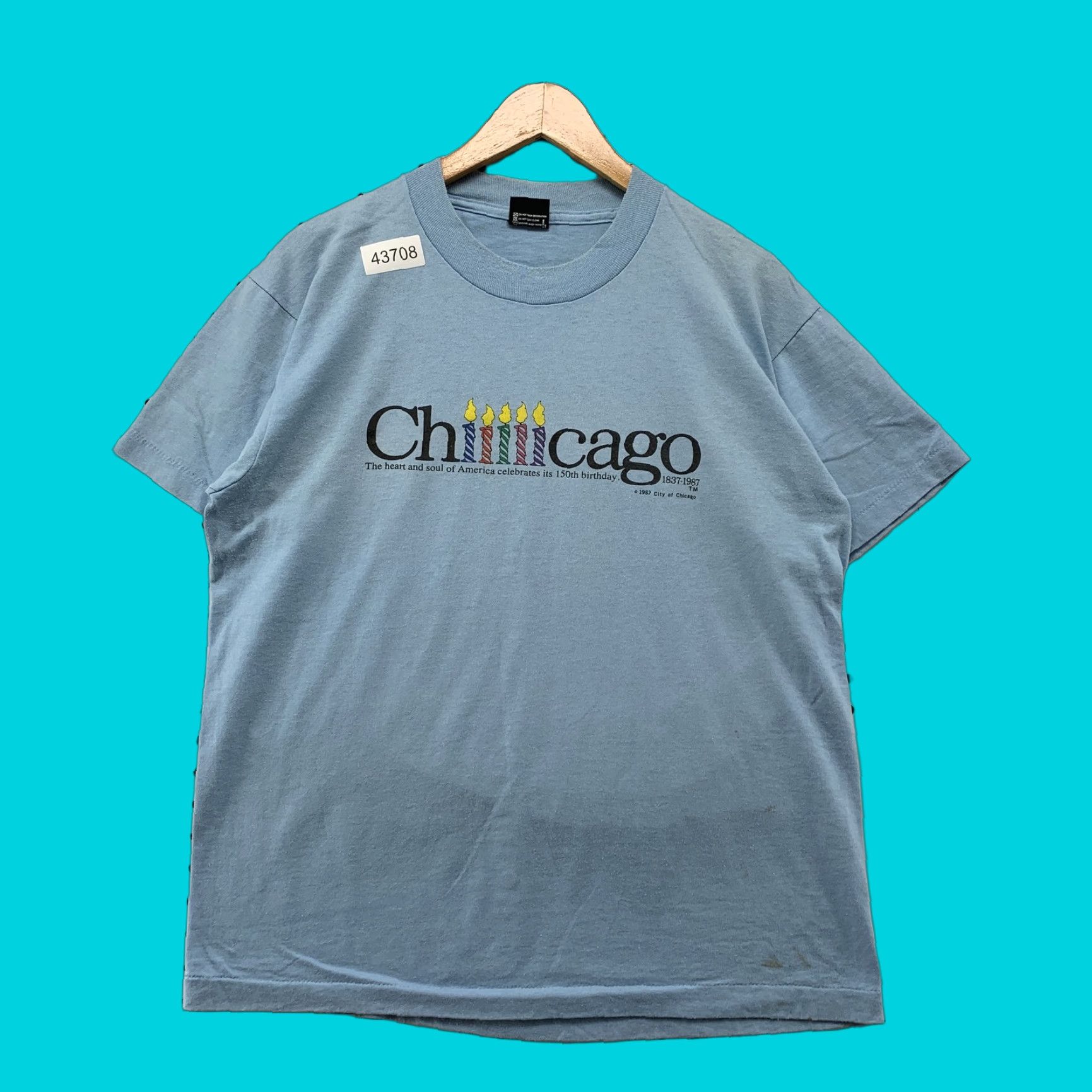 Vintage VINTAGE Chicago Shirt Mens Large Blue Single Stitch 150th Birthday Candles 1987 80s Theme Shirt Size US L / EU 52-54 / 3 - 1 Thumbnail