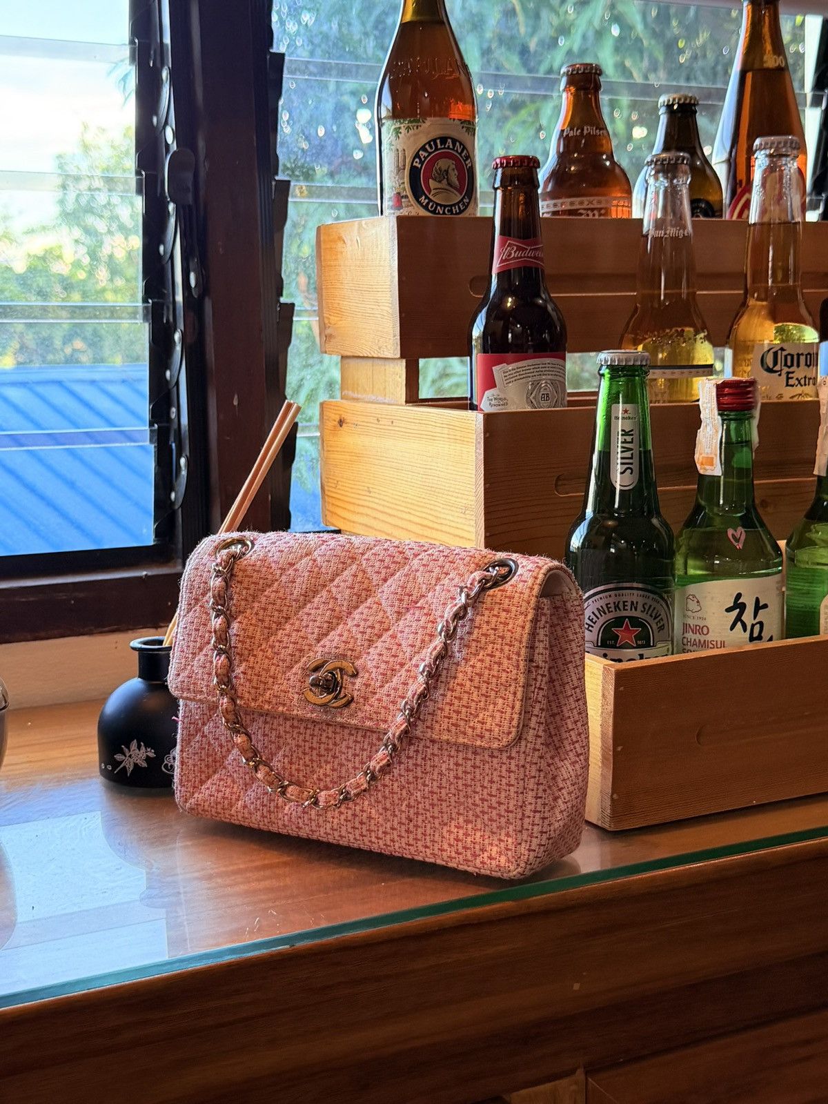Chanel Chanel Woven Raffia Pink White Small CC Shoulder Flap Bag Size ONE SIZE - 5 Thumbnail