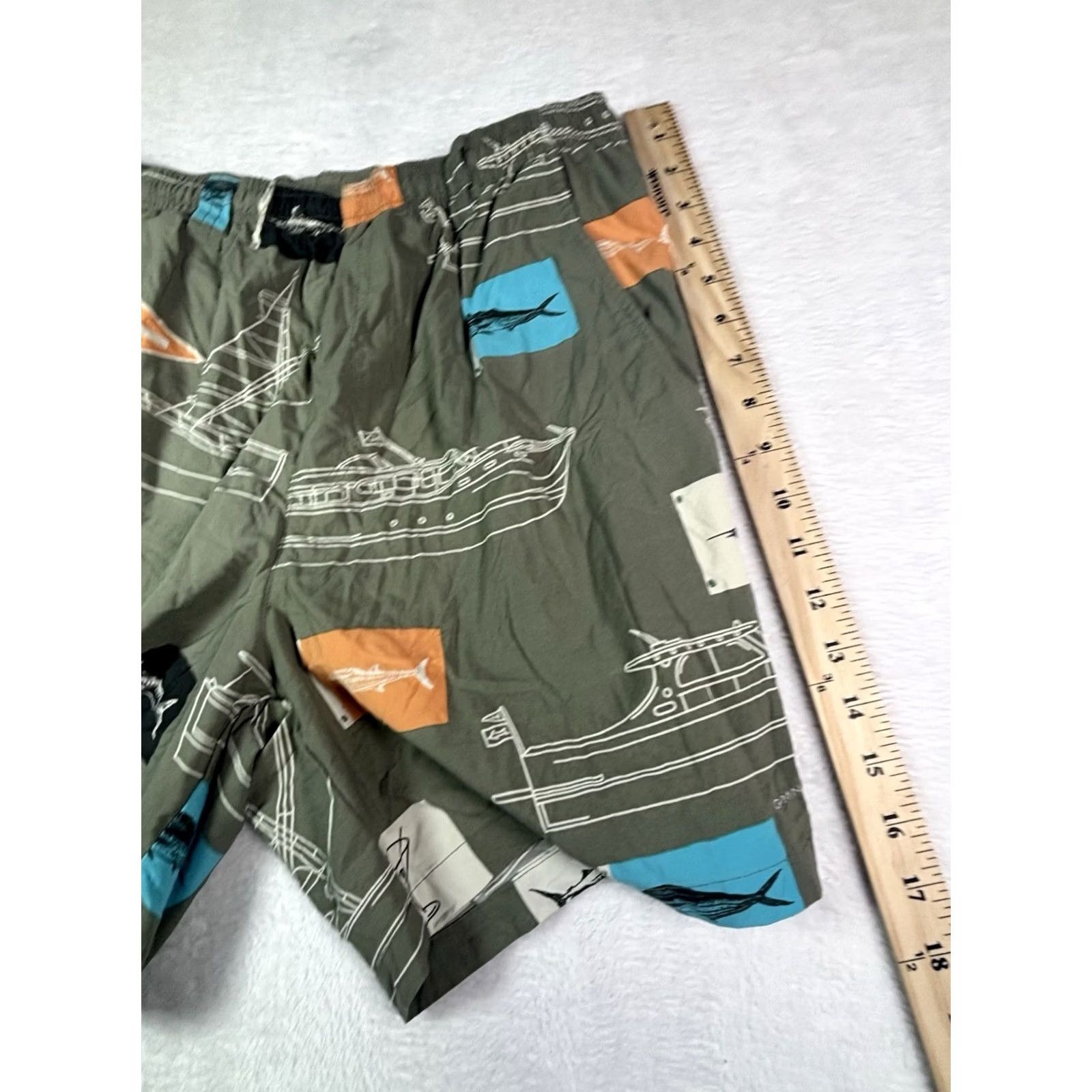 Vintage Columbia PFG Mens Shorts Bermuda Regular Nylon Polyester Blue Fish Print Navy Flags Martini Boat Quick Dry Lightweight Elastic Waist Drawstring Muscle Size US 31 - 5 Thumbnail