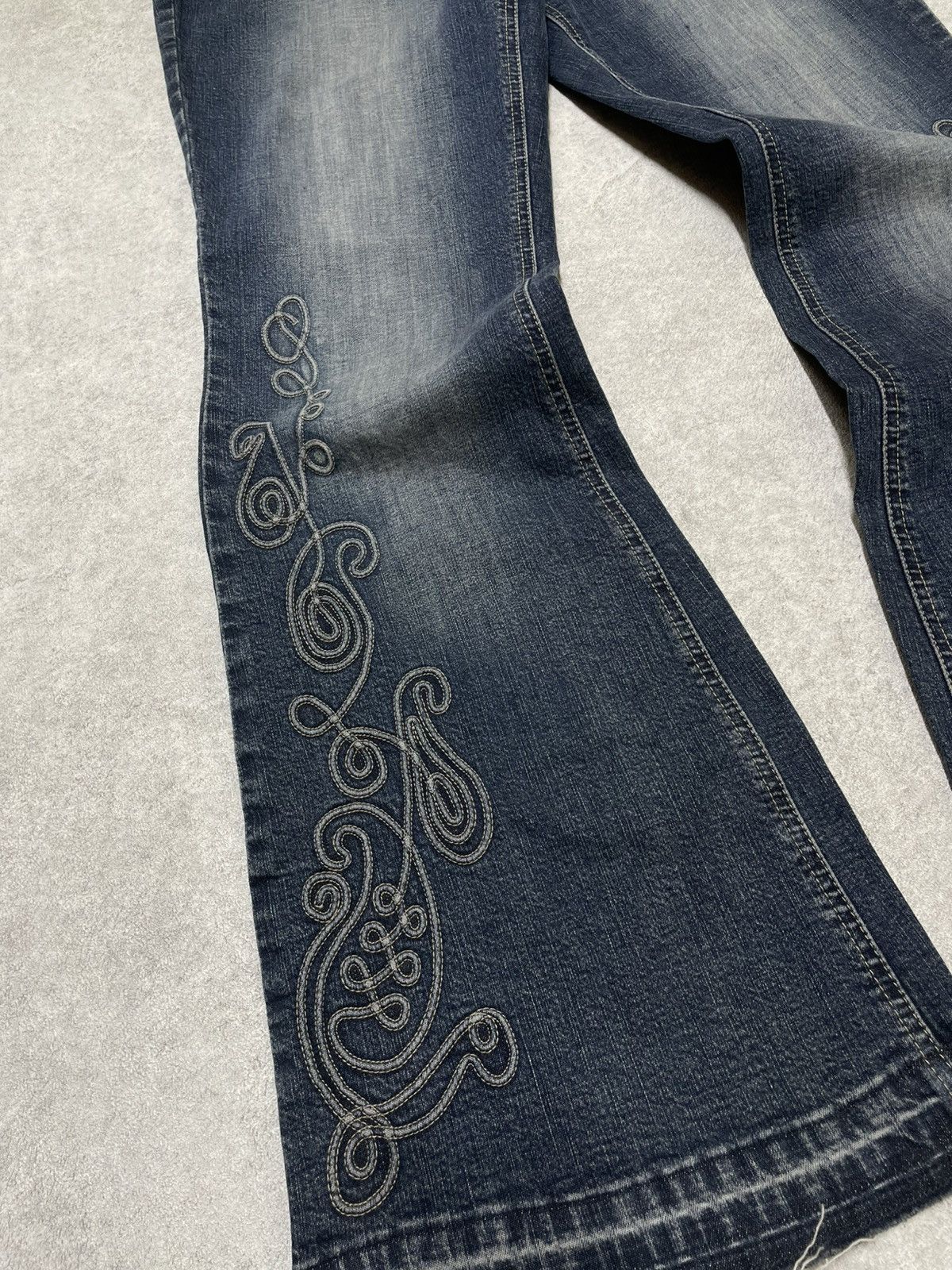 If Six Was Nine × Le Grande Bleu (L.G.B.) × Tornado Mart Skull Y2K Flare Jeans With Ornate Threadwork — Think LGB Size US 32 / EU 48 - 2 Thumbnail