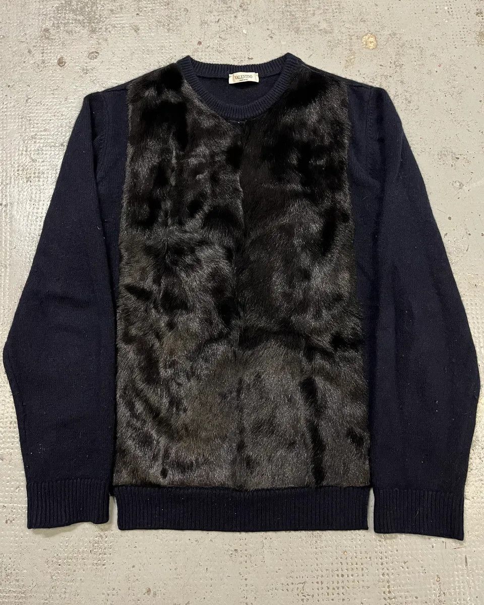 Valentino Navy Cashmere & Black Fur Sweater