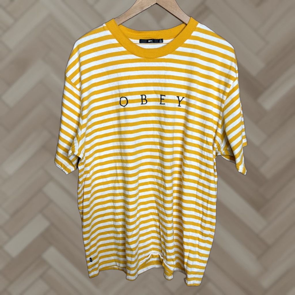 Obey OBEY Mens Striped Logo T Shirt L Yellow White Short Sleeve Shirt Size US L / EU 52-54 / 3 - 1 Thumbnail