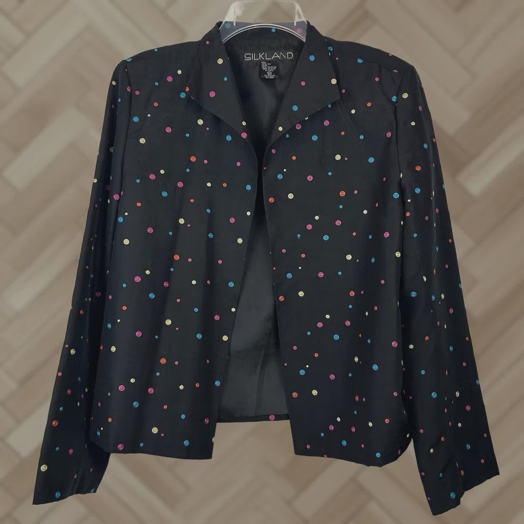 Vintage Silkland Blazer Womens M Black Silk Embroidered Polka Dot Jacket Office Size M / US 6-8 / IT 42-44 - 1 Thumbnail