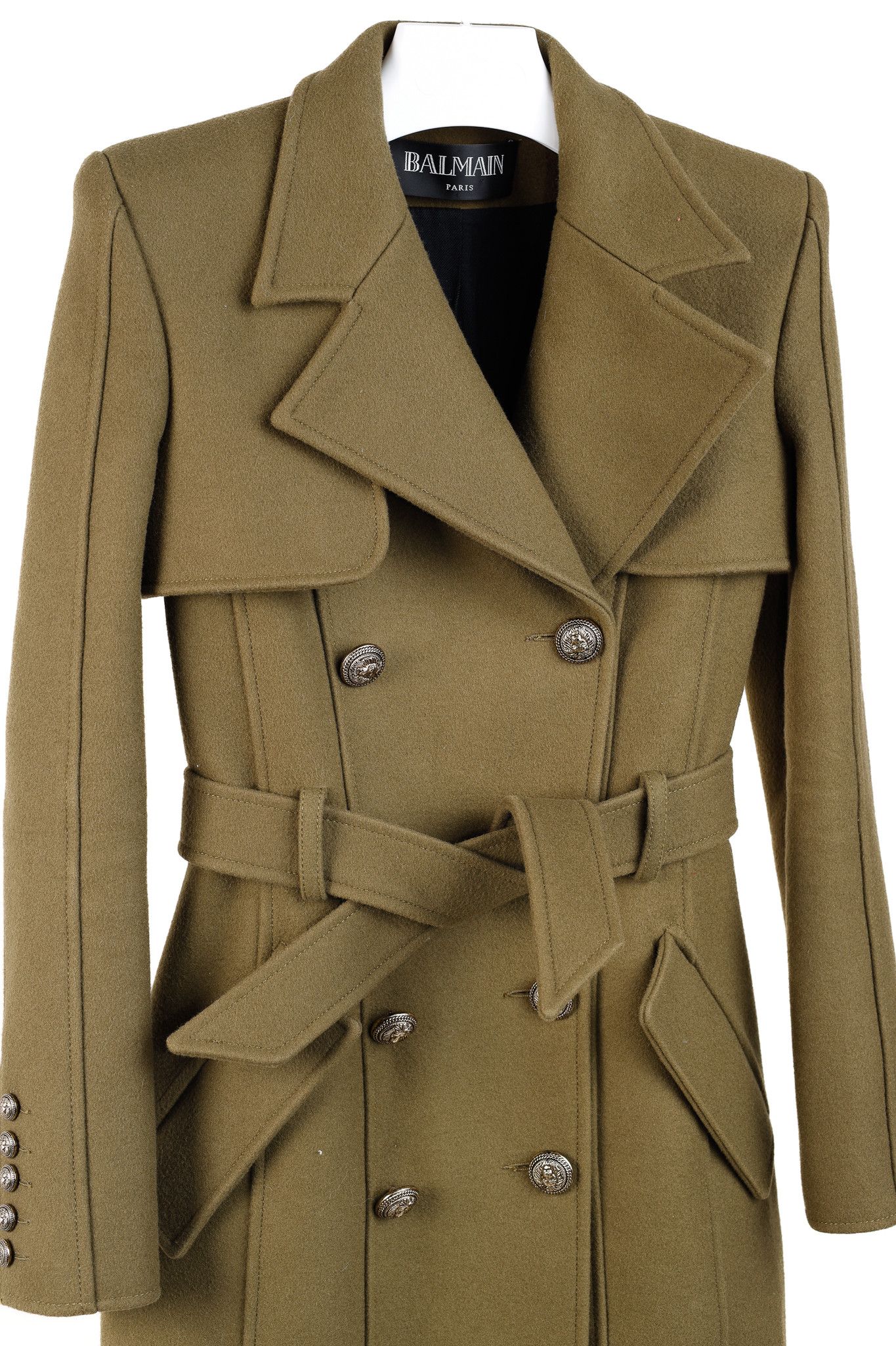 Balmain Balmain PF/14 Green Belted Double-Breasted Wool Trench Coat Size S / US 4 / IT 40 - 3 Thumbnail