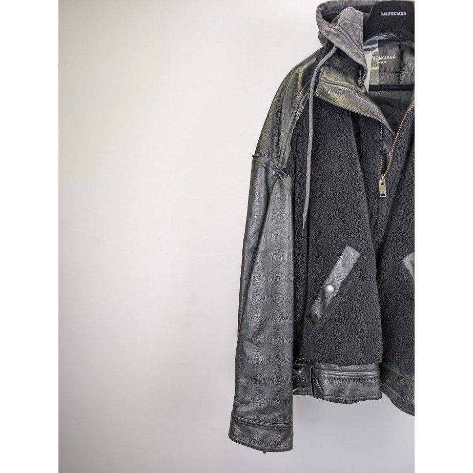 Balenciaga o1rshd1 Leather Sleeve Shearling Fleece Jacket in Black Size US XS / EU 42 / 0 - 5 Thumbnail