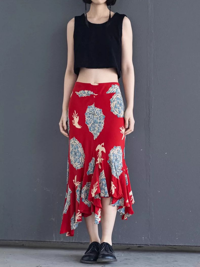 Kenzo KENZO Bird and flower silk irregular skirt vintage Size 25" / US 0 / IT 36 - 1 Thumbnail