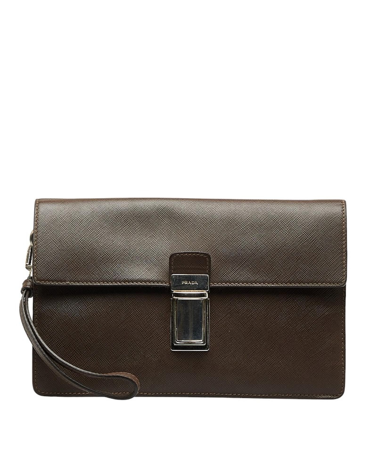 image of Prada Brown Leather Clutch Bag In Ab Condition, Women's