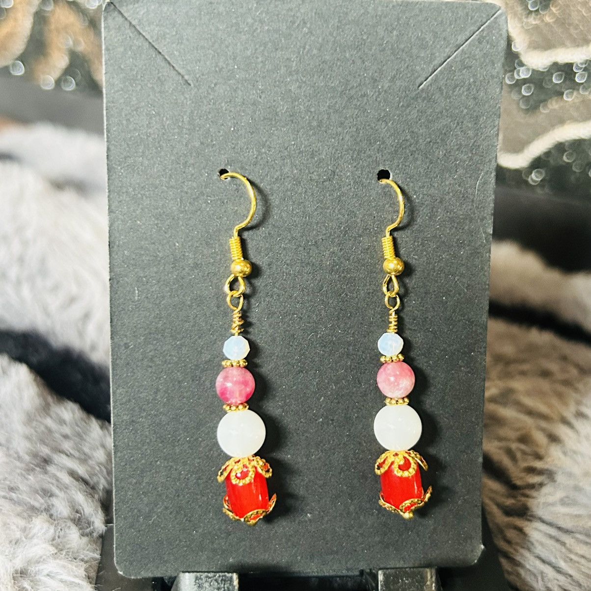 Handmade Handcrafted red cat eye glass barrel milk glass earrings Size ONE SIZE - 2 Thumbnail