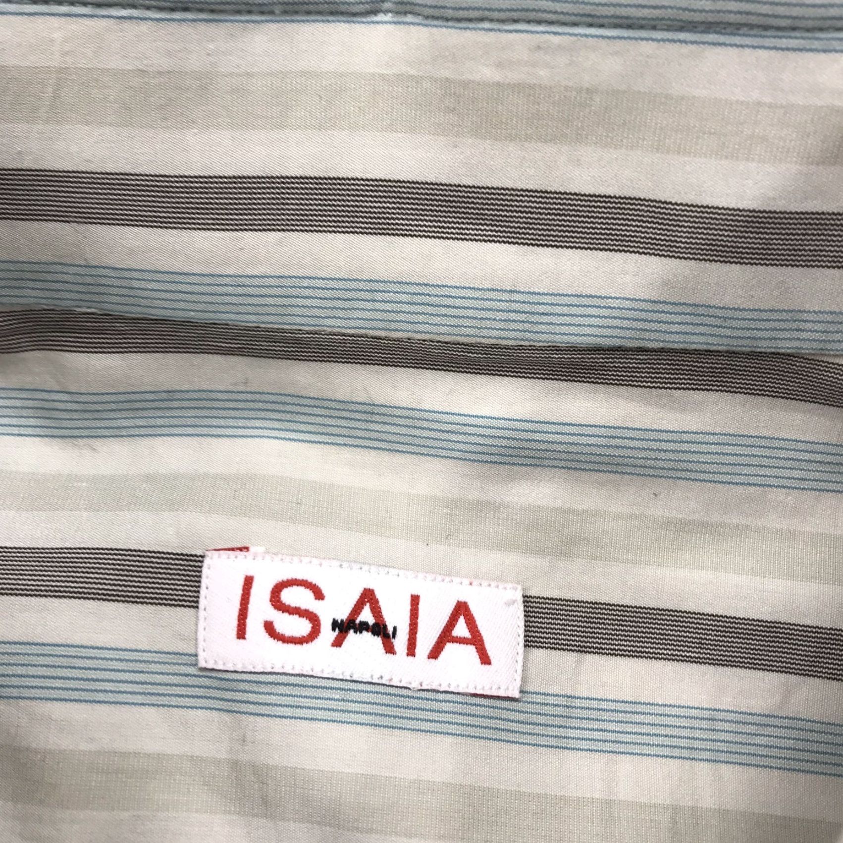 Isaia VINTAGE Isaia Napoli Shirt Mens 17 43 Cream Blue Striped Italy Dress Designer Barrel Size 46R - 4 Thumbnail