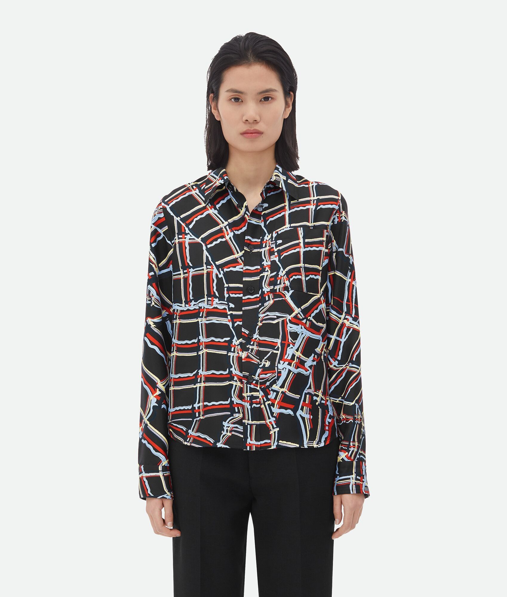 o1bcso1str0725 Distorted Check Printed Silk Shirt Multicolor