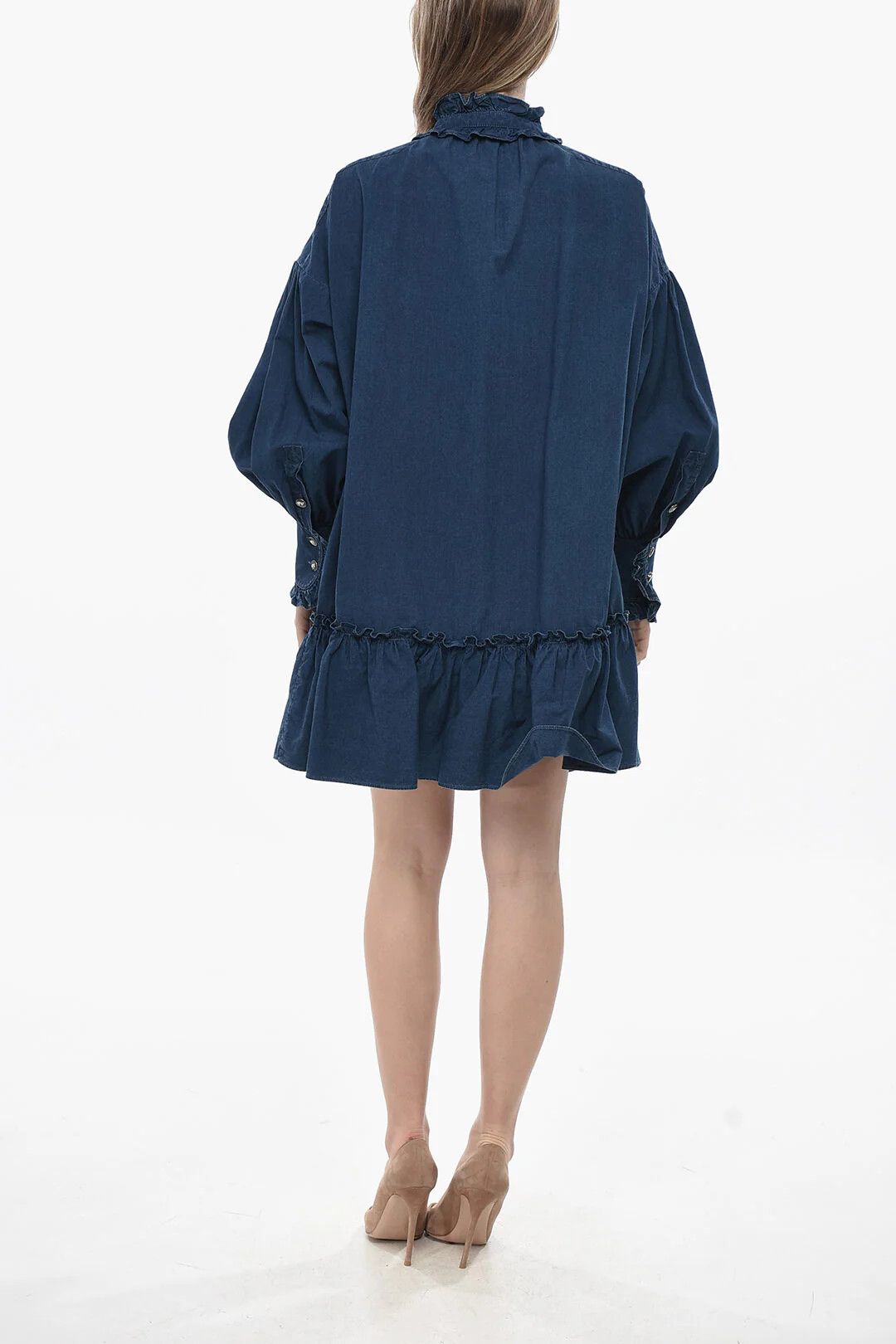 Valentino og1mm0426 Ruffle-Front Cotton Shirt Dress in Blue Size S / US 4 / IT 40 - 2 Thumbnail
