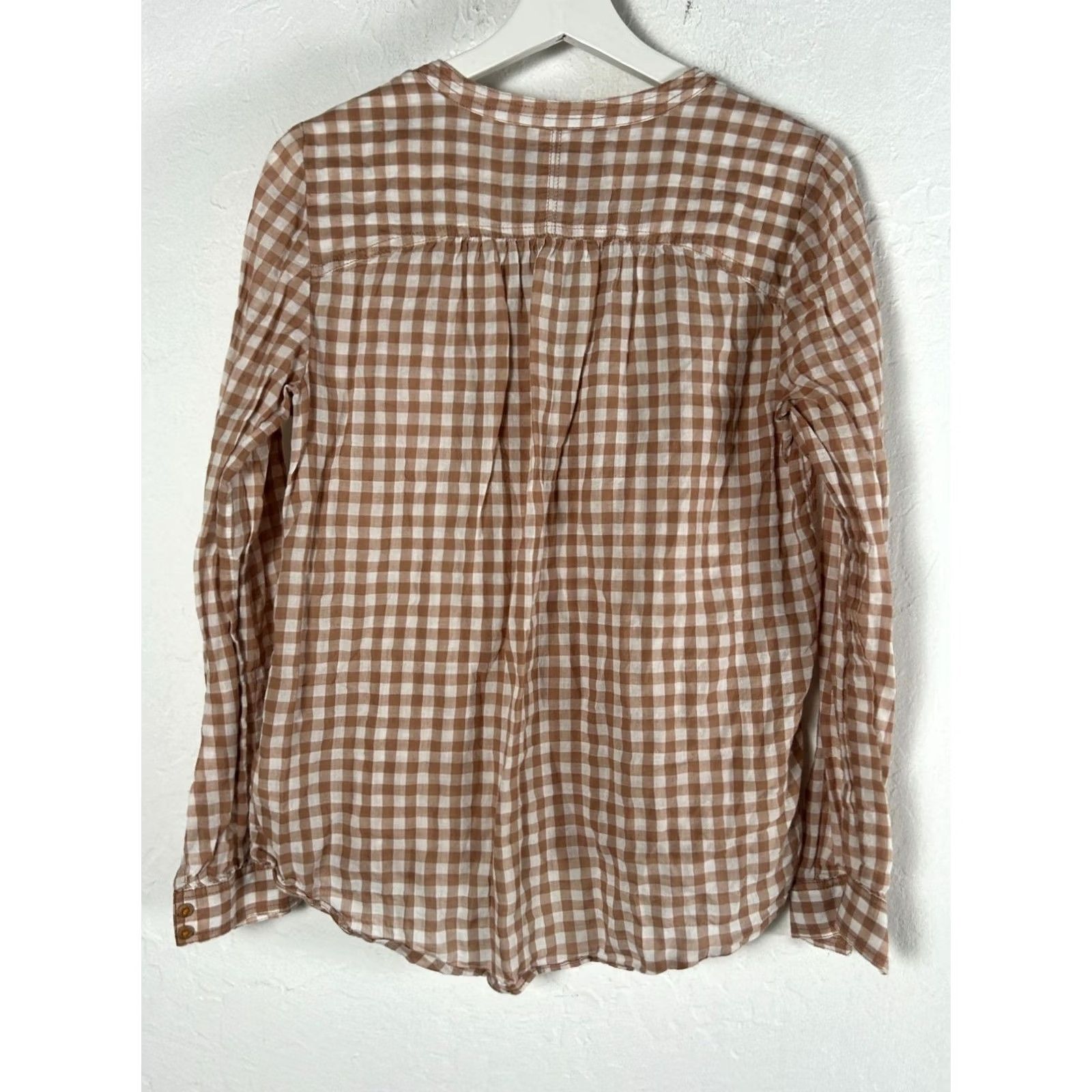 Anthropologie Holding Horses Devon Gingham Top Womens Size 2 Brown White Long Sleeve V-Neck Pullover Blouse Size XS / US 0-2 / IT 36-38 - 3 Thumbnail