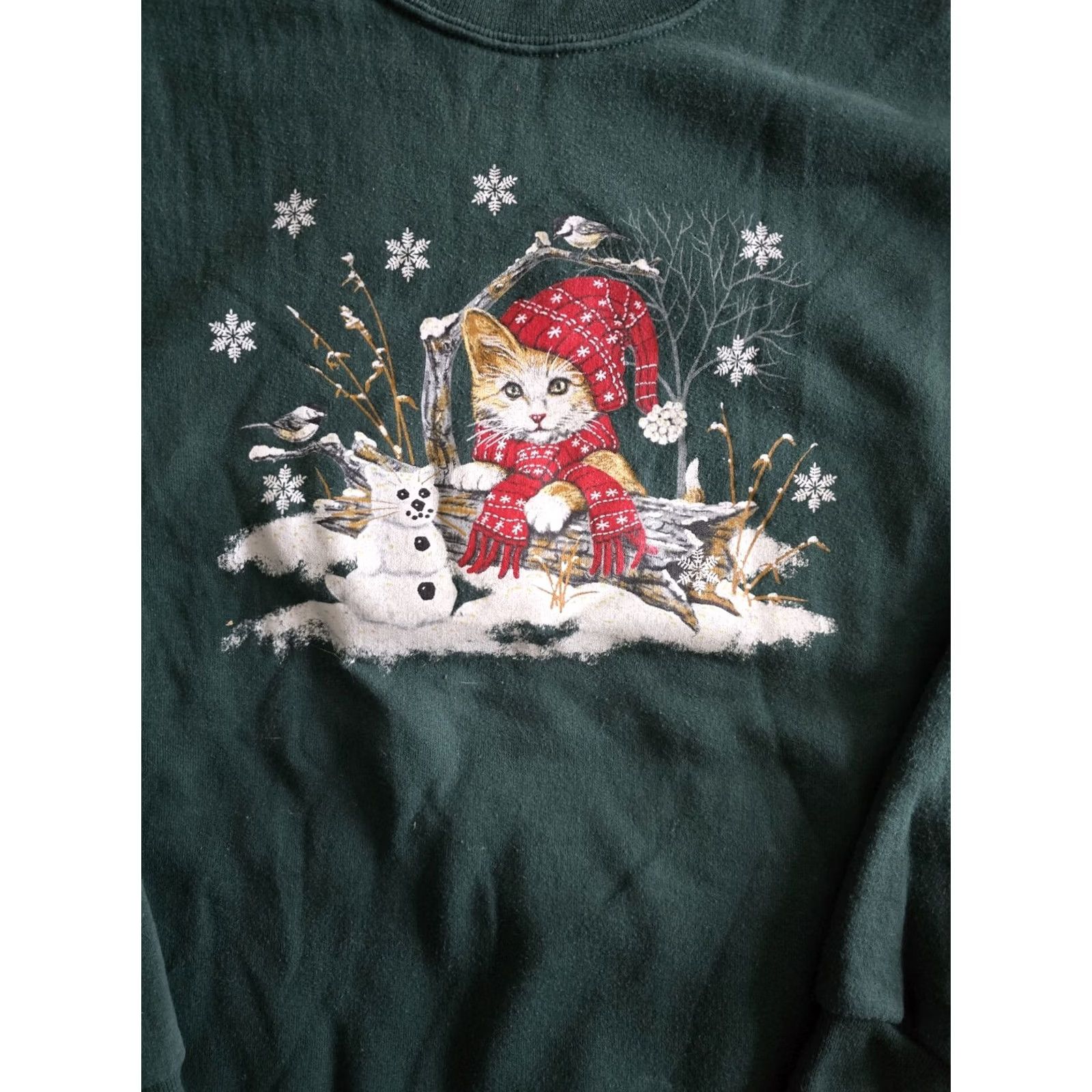 Jerzees VINTAGE Jerzees Snow Cat Sweatshirt Womens Large Green Crew Neck Long Sleeve Easy Care Graphic Print Cottagecore Winter Cat print Pullover - Size L / US 10 / IT 46 - 2 Thumbnail