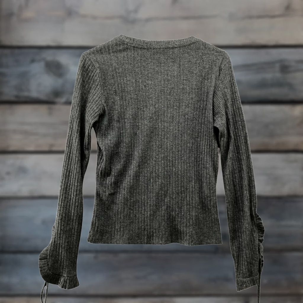 Mango MNG Mango Ribbed Knit Long Sleeve T Shirt Womens S Gray Ruffle Tie Sleeve Crewneck Regular Fit Casual Size S / US 4 / IT 40 - 1 Thumbnail