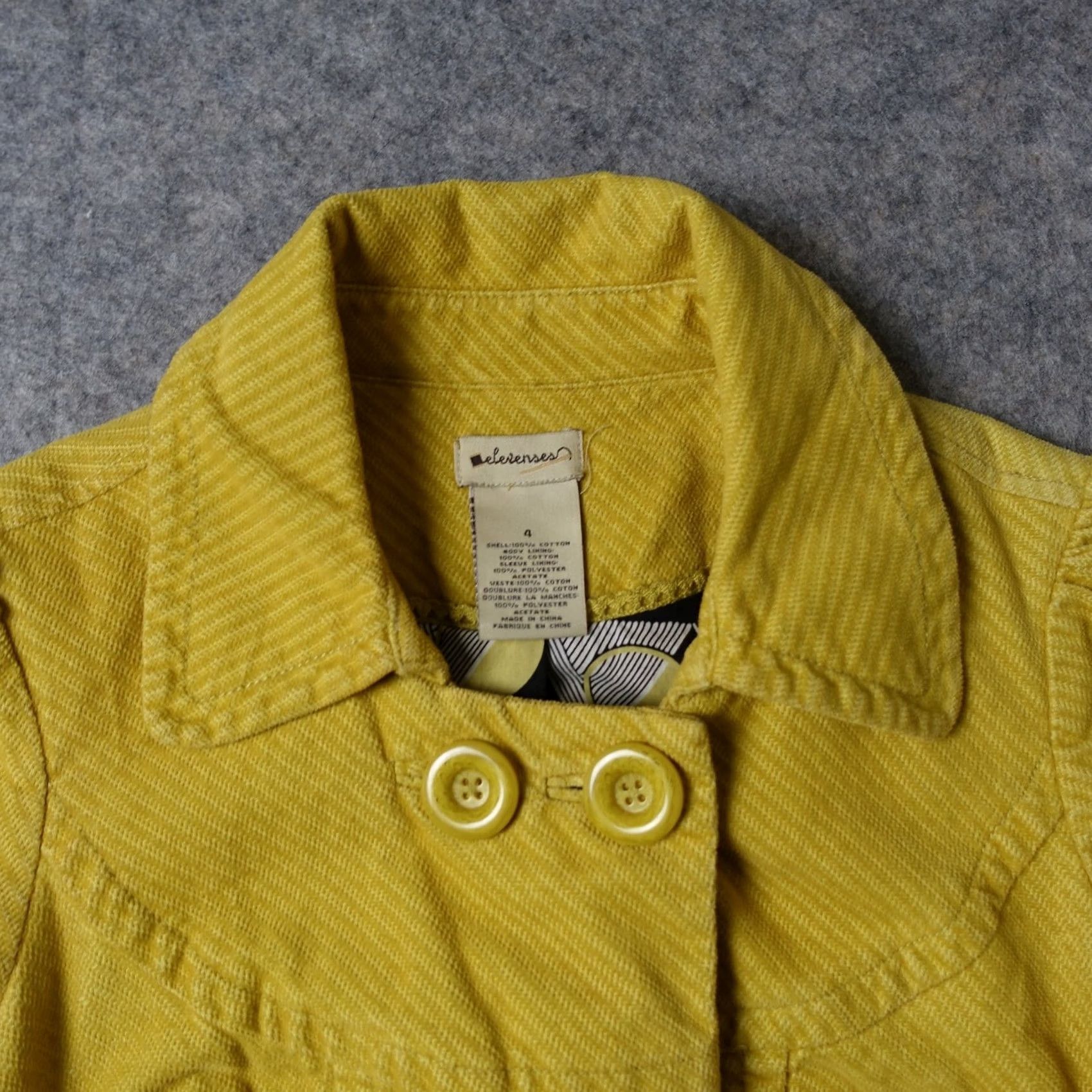 Anthropologie Elevenses Jacket Mens 4 Yellow Trench Coat Corduroy VTG Pattern Solid Long Sleeve Button Zip Casual Travel All Seasons Pockets 90s Classic Size S / US 4 / IT 40 - 2 Thumbnail