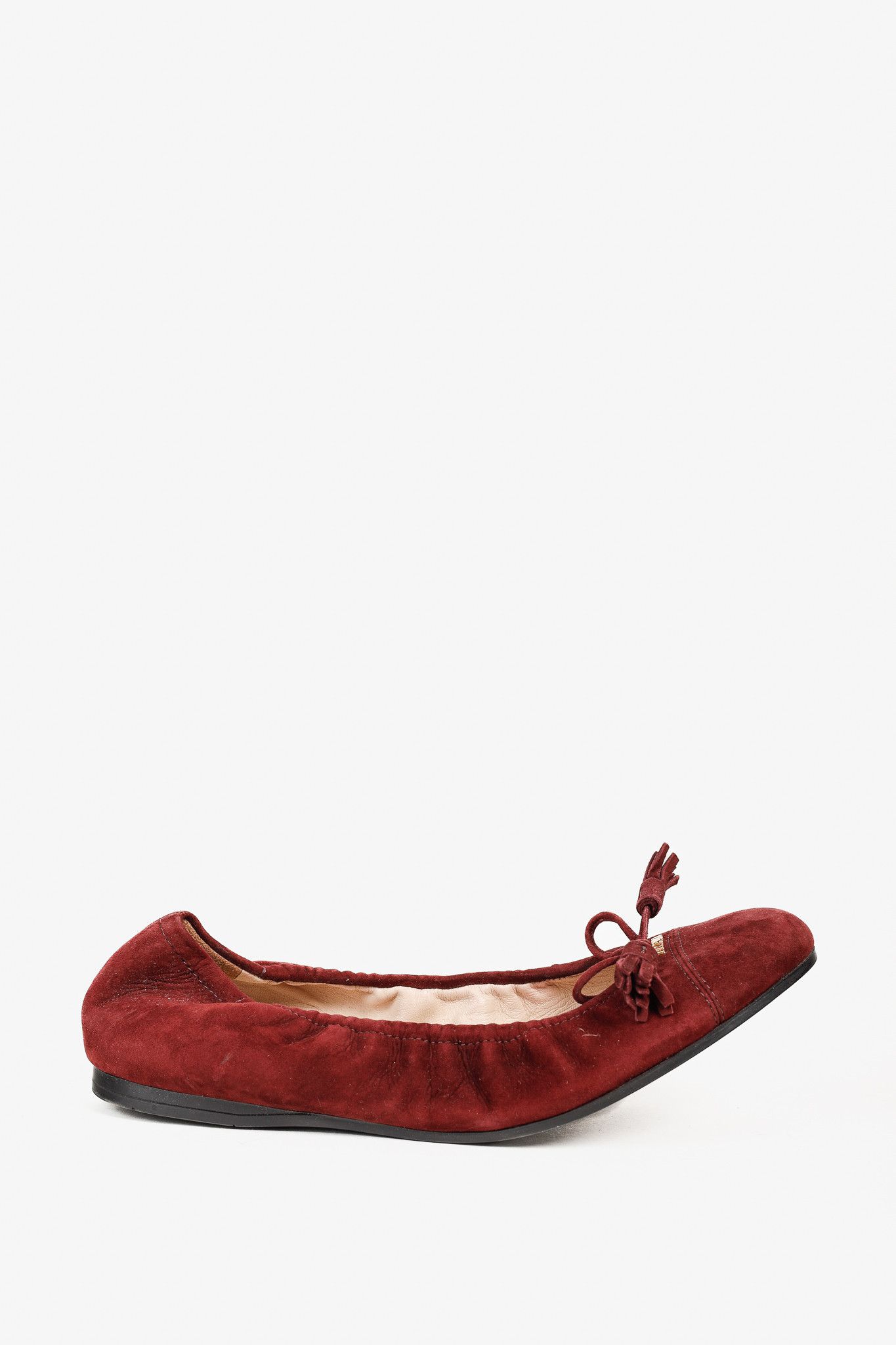 Prada Prada Burgundy Suede Tassel-Bow Scrunch Ballet Flat Size US 5.5 / IT 35.5 - 2 Thumbnail