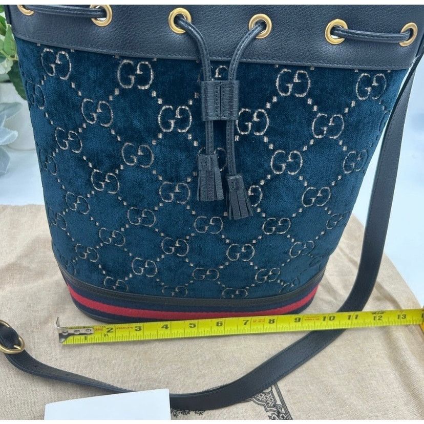 Gucci Gucci OPHIDIA blue velvet bucket bag with leather trim Size ONE SIZE - 6 Thumbnail