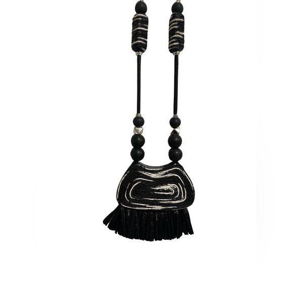 Chicos NWT Chico’s Raffia Pendant Necklace Black/White Size ONE SIZE - 1 Thumbnail