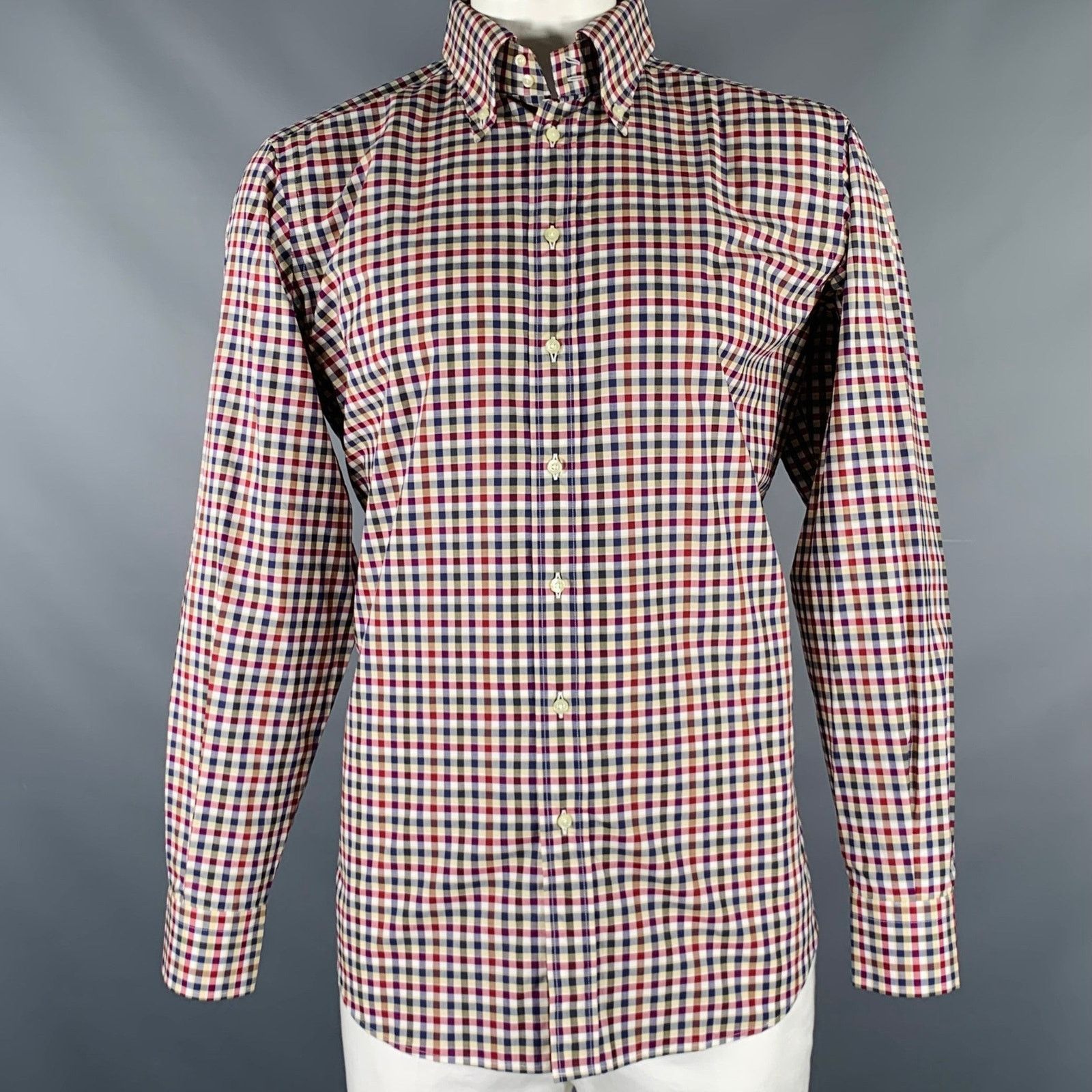 Etro L Navy Burgundy Checkered Cotton Button Up Long Sleeve Shirt Size US L / EU 52-54 / 3 - 1 Thumbnail