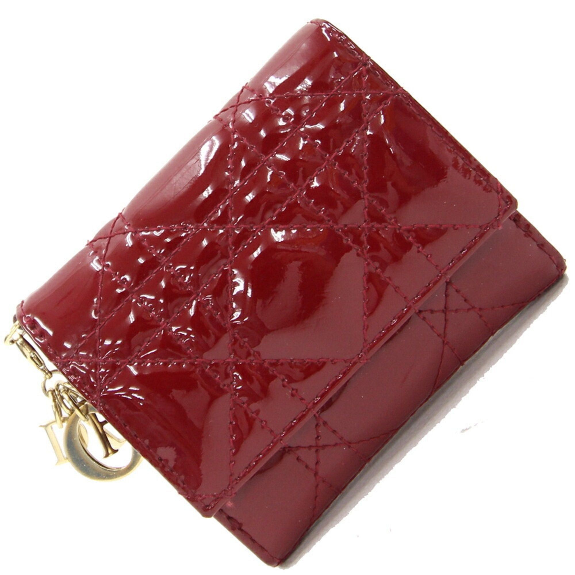 image of Christian Dior Dior Trifold Wallet Lady Lotus S0181Ovrb Wine Red Patent Calfskin Cannage Ladies Dio