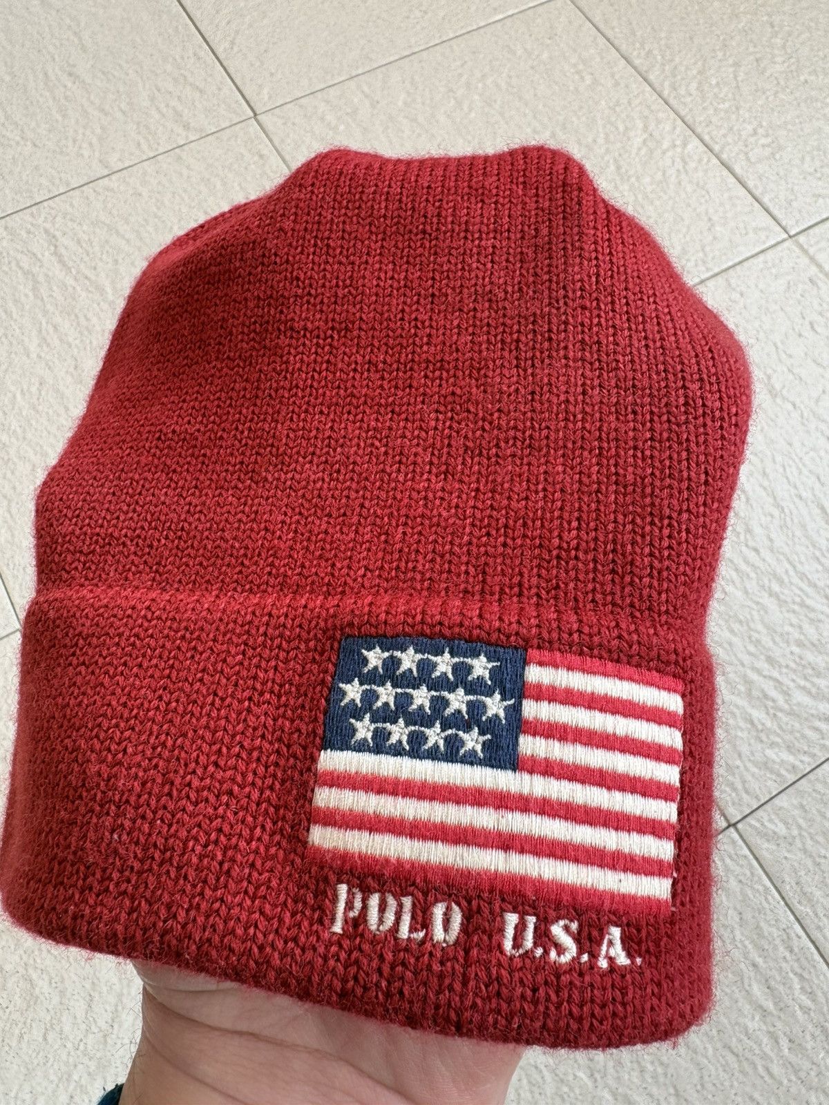 Polo Ralph Lauren Vintage 90s Polo Ralph Lauren USA Flag Beanie Red Knit Hat Size ONE SIZE - 1 Thumbnail
