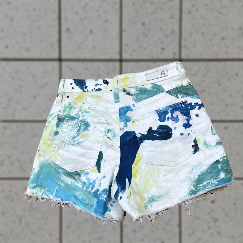 Vintage AG Adriano Goldschmied Alexxis Shorts Women 27R High Rise Wedgie White Green Art Casual Denim 5-Pocket Boho Festival 90s Mens Womens Girls Boys Size 27" / US 4 / IT 40 - 1 Thumbnail