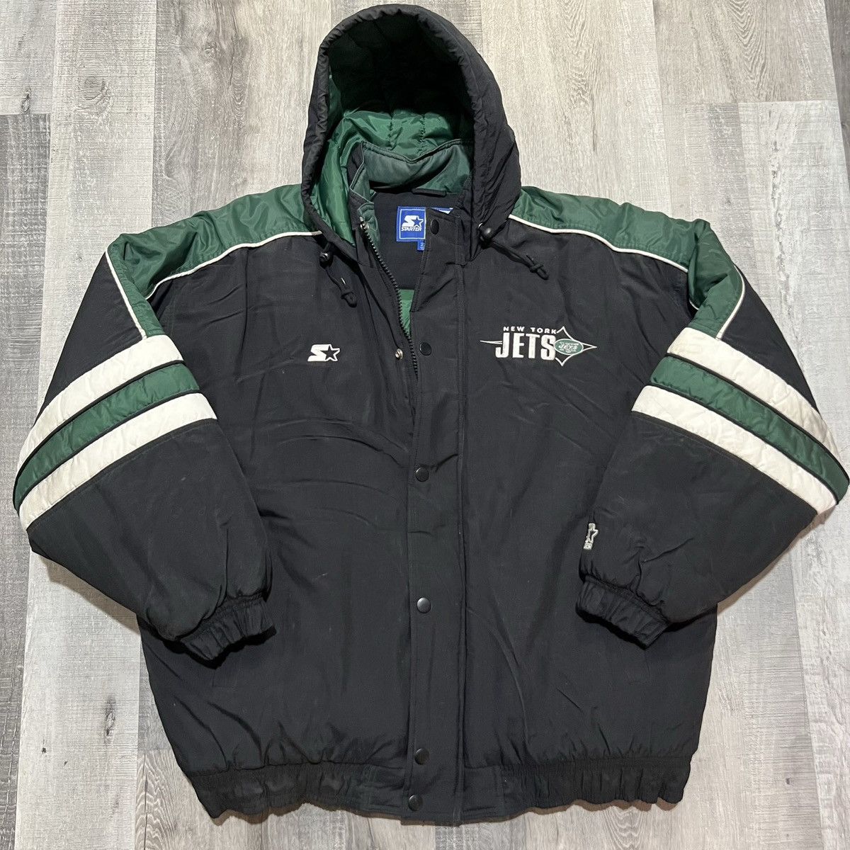 Image of VTG Starter New York Jets 90's Full Zip Nfl Puffer Jacket in Black Green, Men's (Size 2XL)