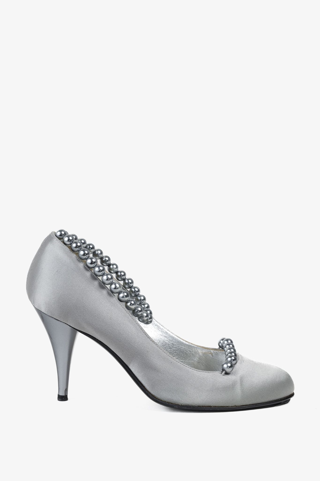 Chanel Chanel Grey Pearl Ankle Satin Pumps Size US 7 / IT 37 - 1 Thumbnail