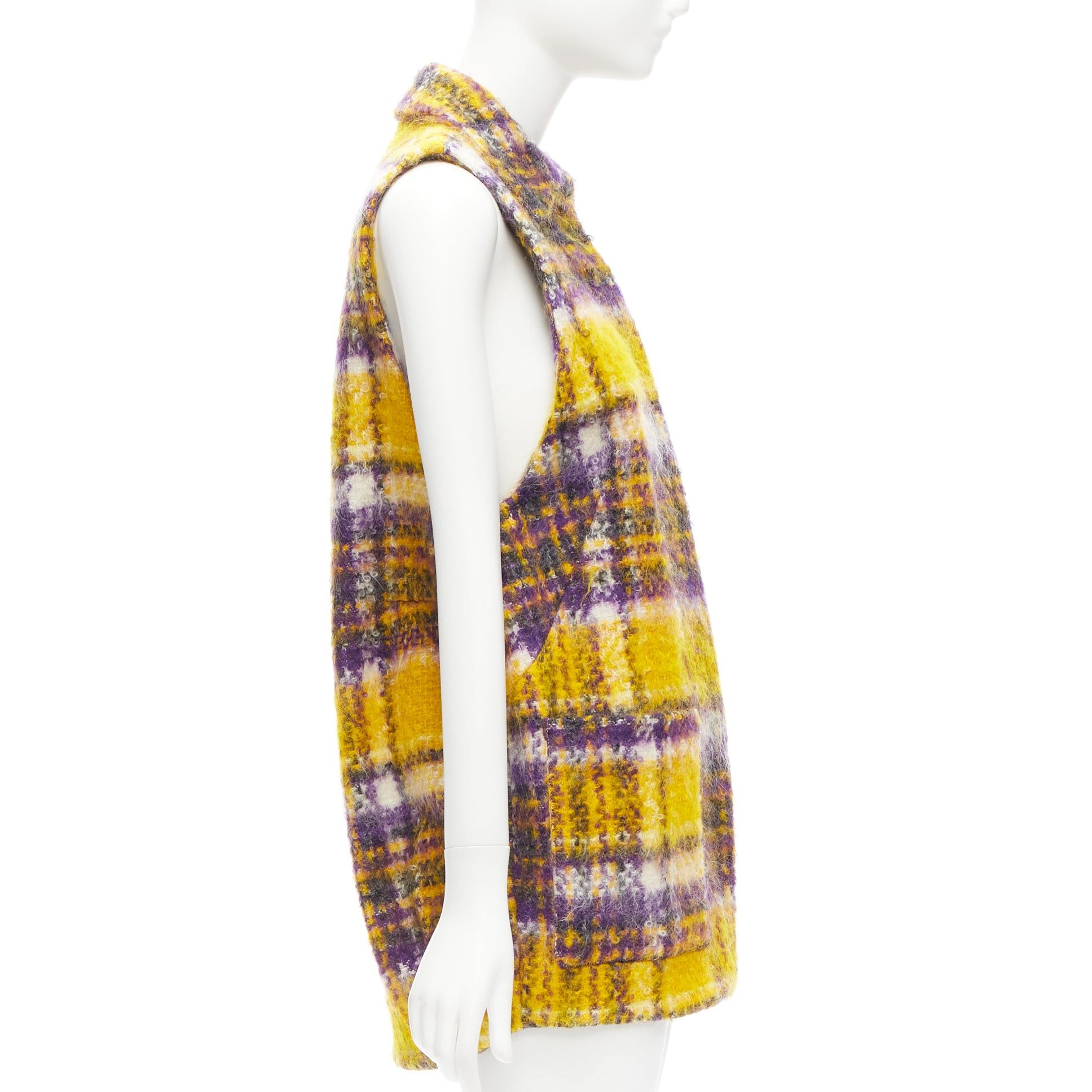 image of Marni Yellow Purple Plaid Check Mohair Blend Boxy Sleeveless Coat It36 Xs, Women's