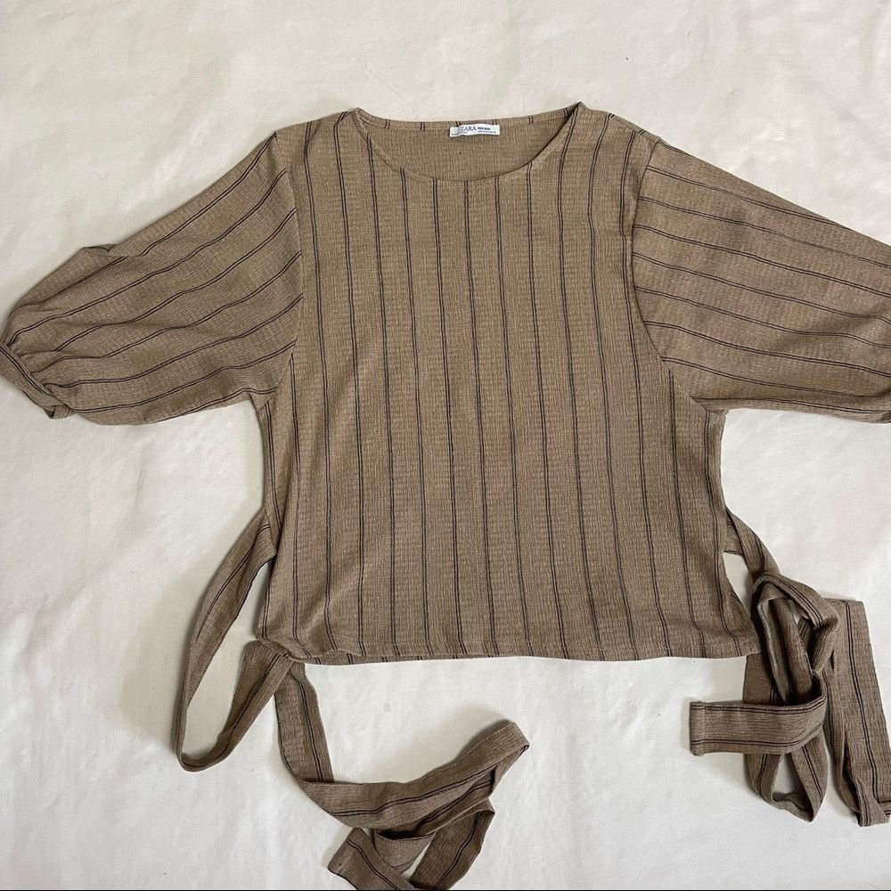 Zara Zara Trafaluc Puff Sleeve Beige Stripes Waist Tie Top Size Size M / US 6-8 / IT 42-44 - 7 Thumbnail