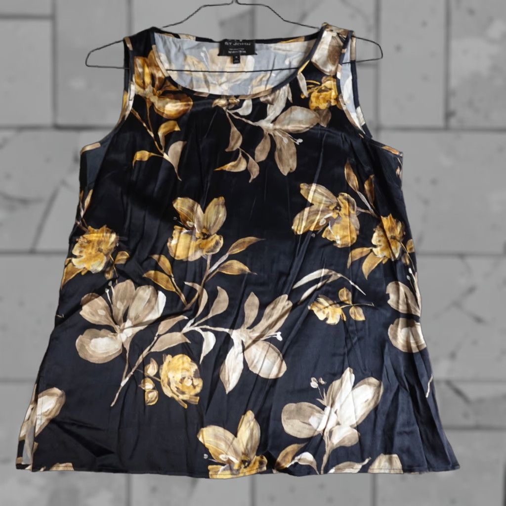 St. John St.John Womens Blouse Top Medium Black Silk Floral Sleeveless Pullover Casual Party/Cocktail Size M / US 6-8 / IT 42-44 - 1 Thumbnail