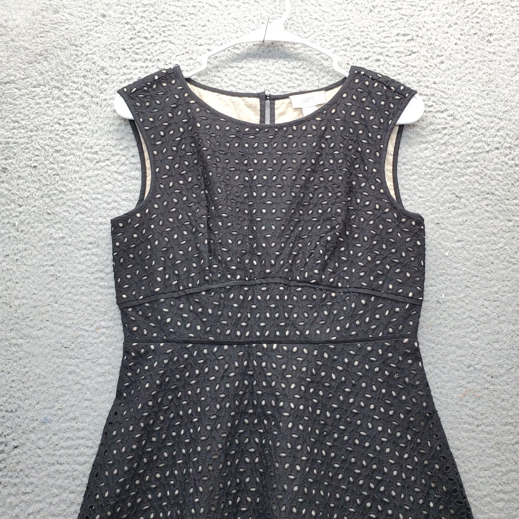 Loft LOFT Womens 4P Black Sleeveless A-Line Dress Zip Round Neck Lined Eyelet Midi Casual Party/Cocktail Shirt Dress Womens Size 4P Black Size S / US 4 / IT 40 - 4 Thumbnail