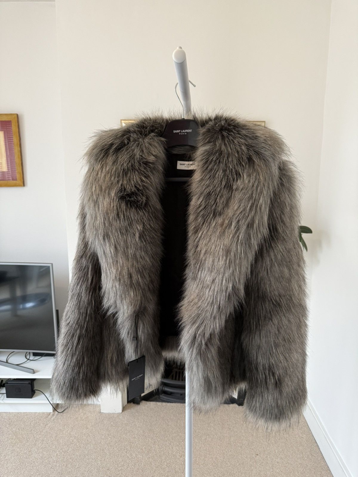 FW23 Saint Laurent Short Grey Animal-Free Fur Coat