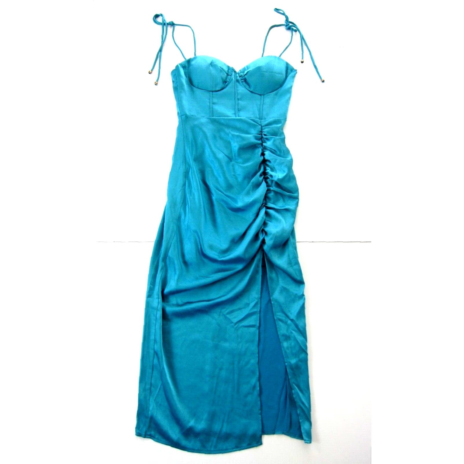 Hereu Here Comes The Sun Teal Spaghetti Strap Ruched Bustier Midi Cocktail Dress Small Size S / US 4 / IT 40 - 2 Thumbnail