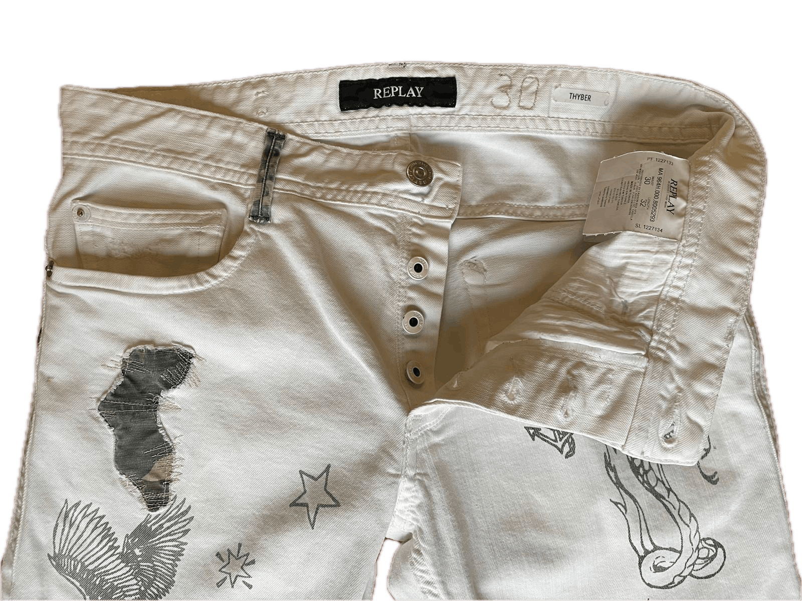 Replay Replay - Custom Style Graphic & Camo Patch Jeans (White) Size US 30 / EU 46 - 5 Thumbnail