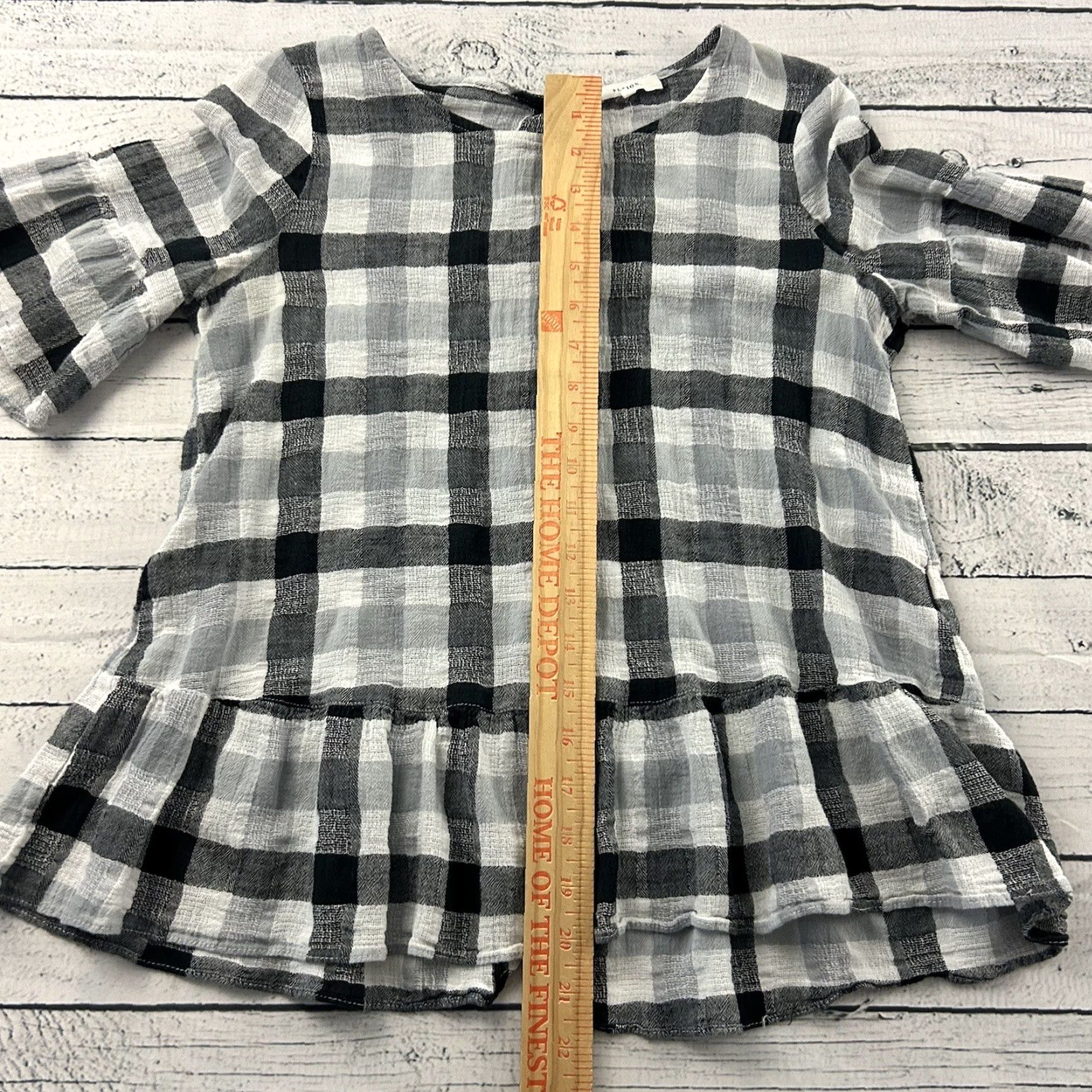 Vintage Pleione Plaid Short Ruffle Sleeve Linen Cotton Top Women's XS Black White Size XS / US 0-2 / IT 36-38 - 5 Thumbnail