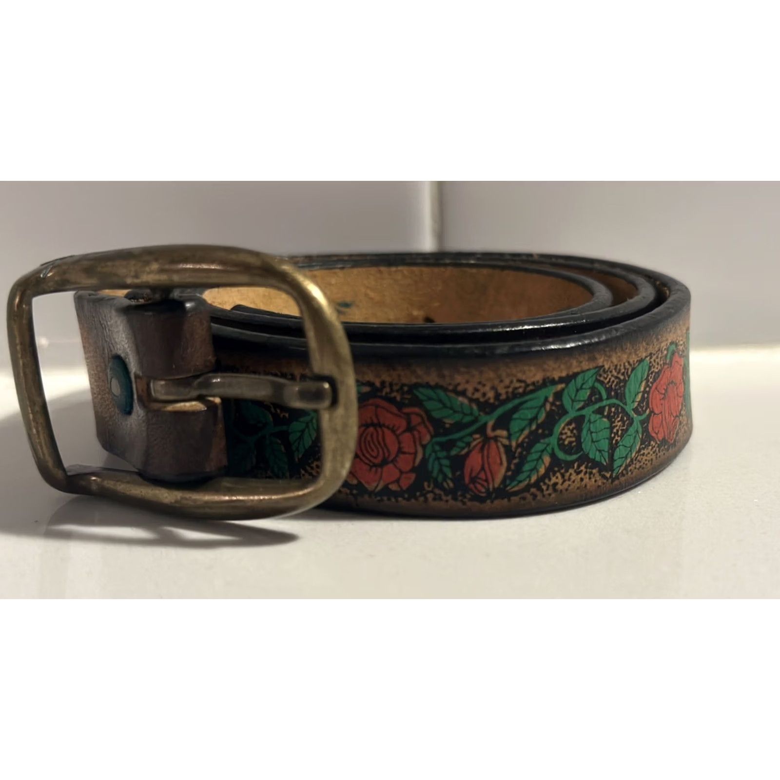 Vintage VINTAGE Zubrick Women Leather Belt 26 Brown Roses Flowers 1972 Belt Womens Leather Roses Theme 1972 Size ONE SIZE - 2 Thumbnail