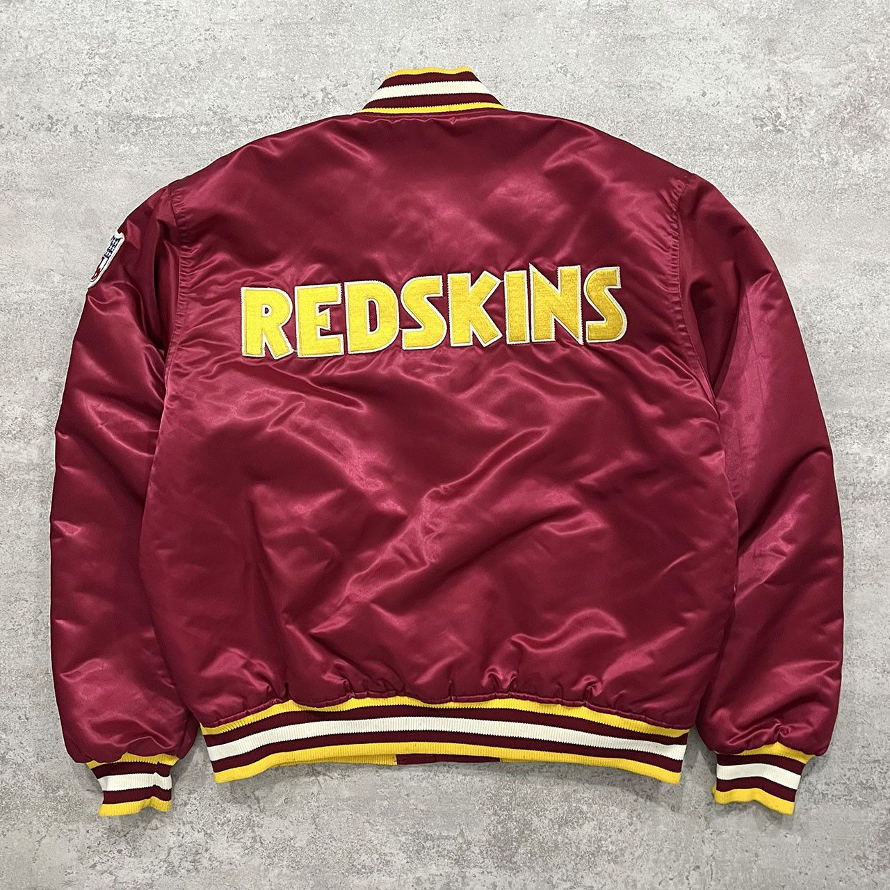 image of Nfl Washington Redskins Satin Bomber Jacket Spell Out Size L, Men's