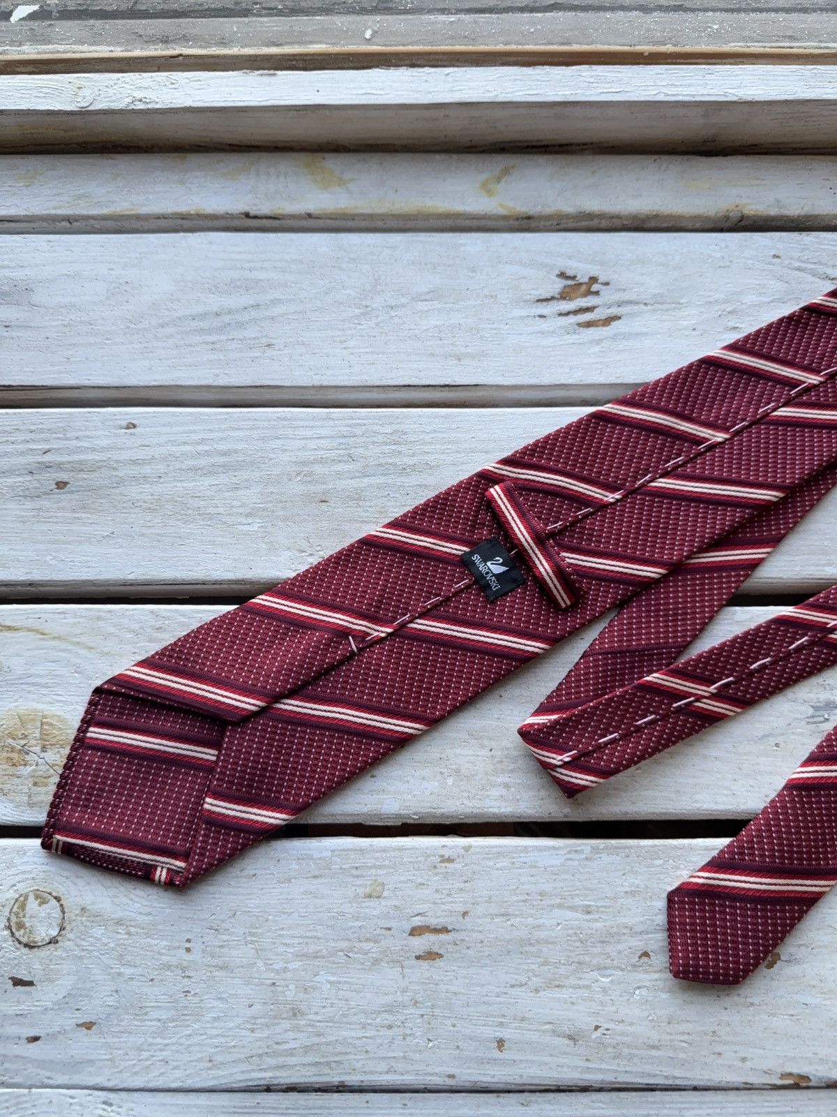 Designer × Swarovski Swarovski Burgundy Striped Tie – 100% Silk Classic Size ONE SIZE - 6 Thumbnail