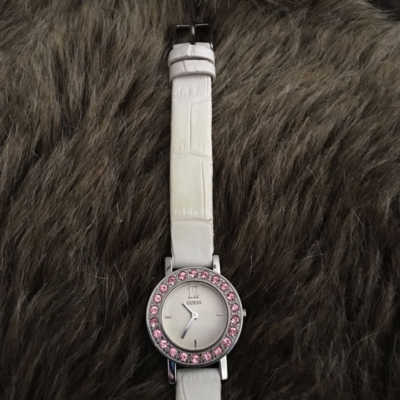 Guess Ladies Guess pink rhinestone white leather watch Size ONE SIZE - 5 Thumbnail